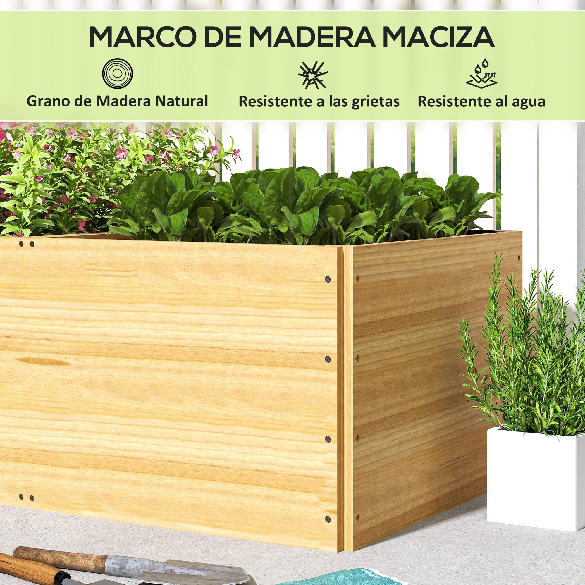 Outsunny Jardinera de Madera Jardinera Exterior Grande con Forro y 3 Áreas de Cultivo para Jardín Terraza Balcón 140x60x40 cm Natural