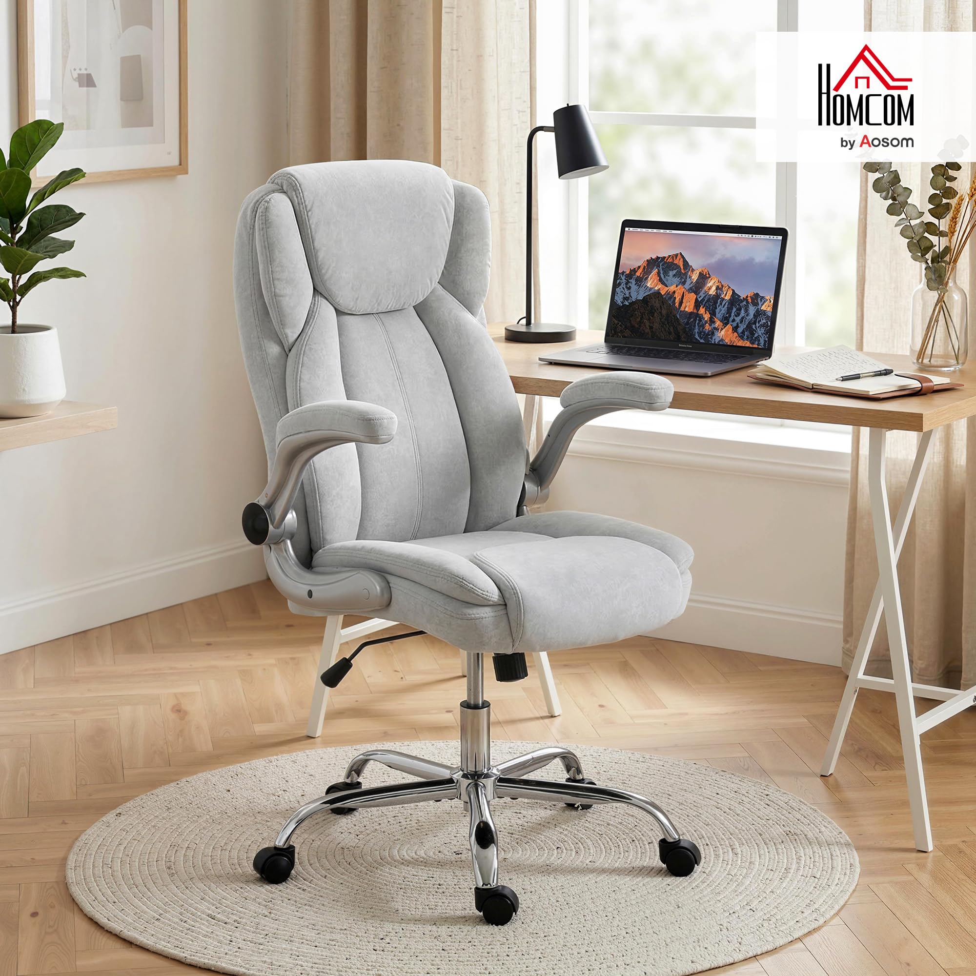 HOMCOM Sedia Ufficio Ergonomica con Braccioli Ribaltabili Imbottiti Crema | Sedia Scrivania Imbottita Girevole, Velluto Stampato, Funzione Dondolo, Multi-Cuscino, Schienale Alto, Altezza Regolabile,