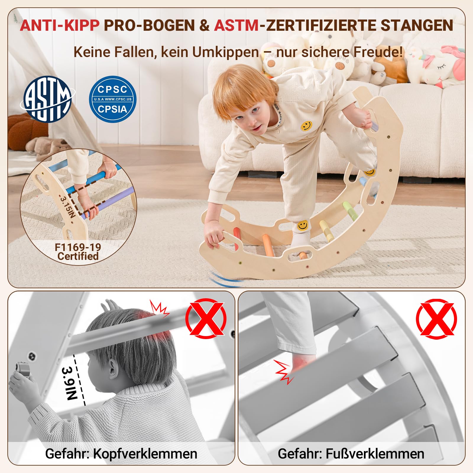 COSYLAND Klettergerüst Indoor L – Großes Kletterdreieck Set mit Kletterbogen & Rutsche – 8-in-1 Massivholz-Spielplatz für Kinder ab 18 Monaten – Regenbogenfarben