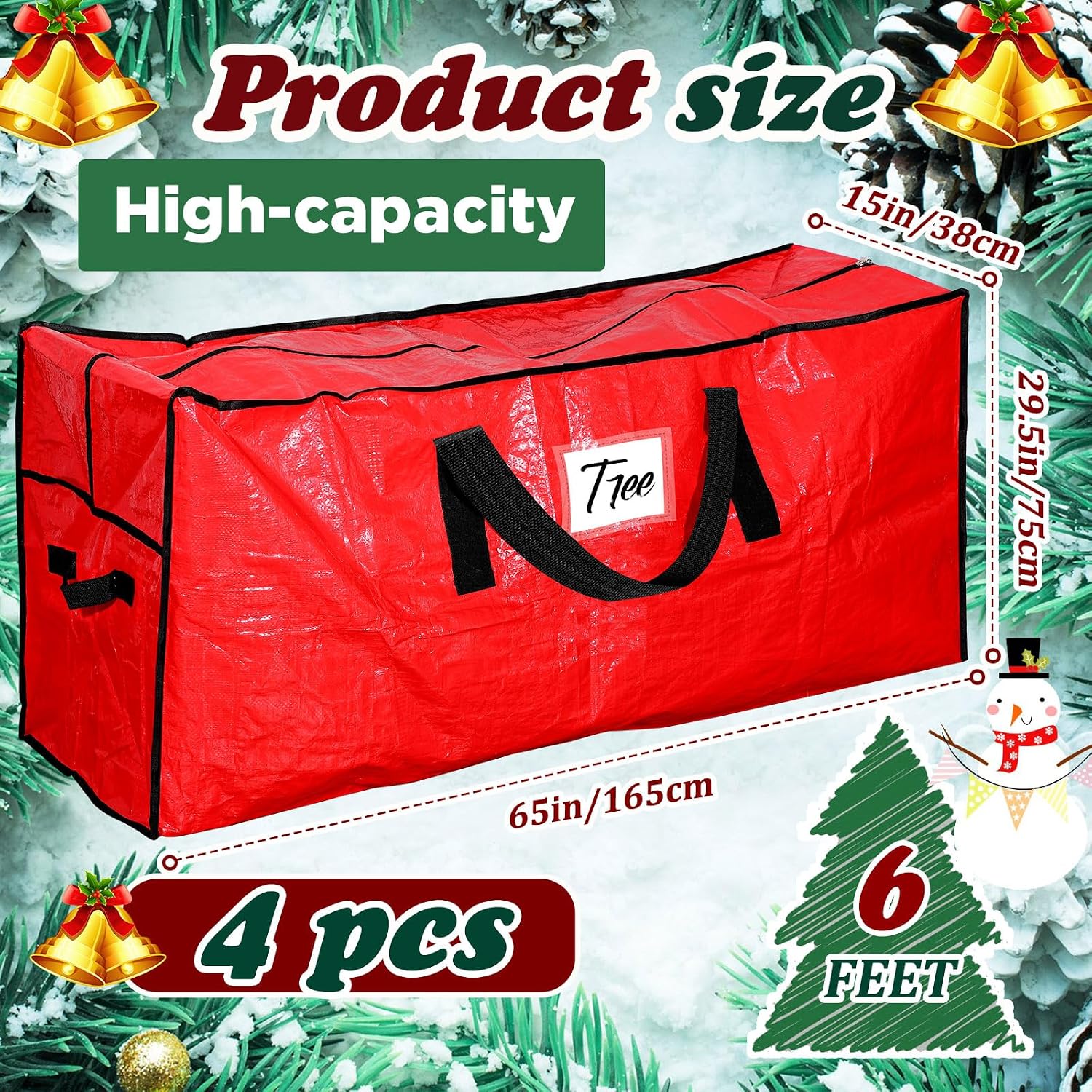 Amylove 4 Pcs Large Christmas Tree Storage Bags Heavy Duty Xmas Zippered Bags Bulk Waterproof Plastic Christmas Tree Container with Carry Handles(9 ft,Red)