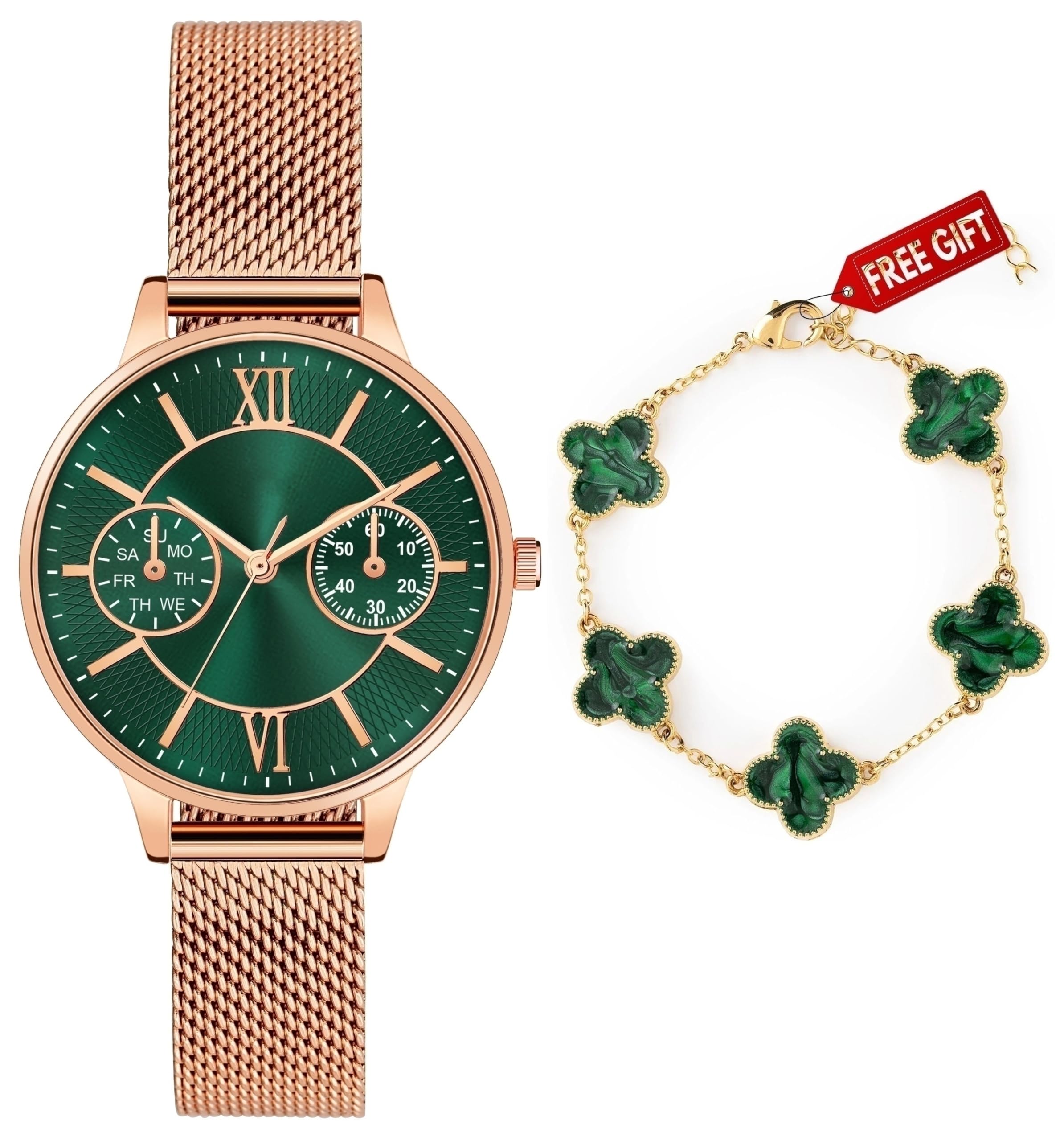 Luxury Women’s Rose Gold Mesh Watch & Clover Bracelet Set – Roman Dial Fashion Dress Watch Gift Set-image-28