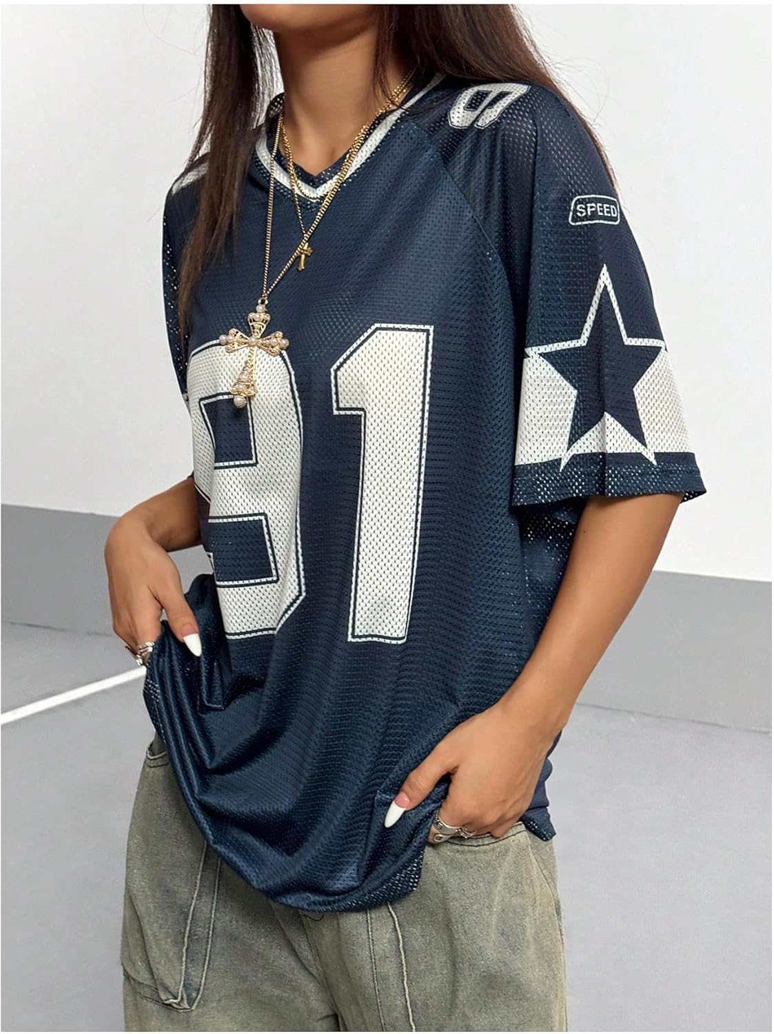 GORGLITTER Women's V Neck Graphic Jersey Top Mesh Oversized Star & Number Print Half Sleeve T Shirt - Image 4