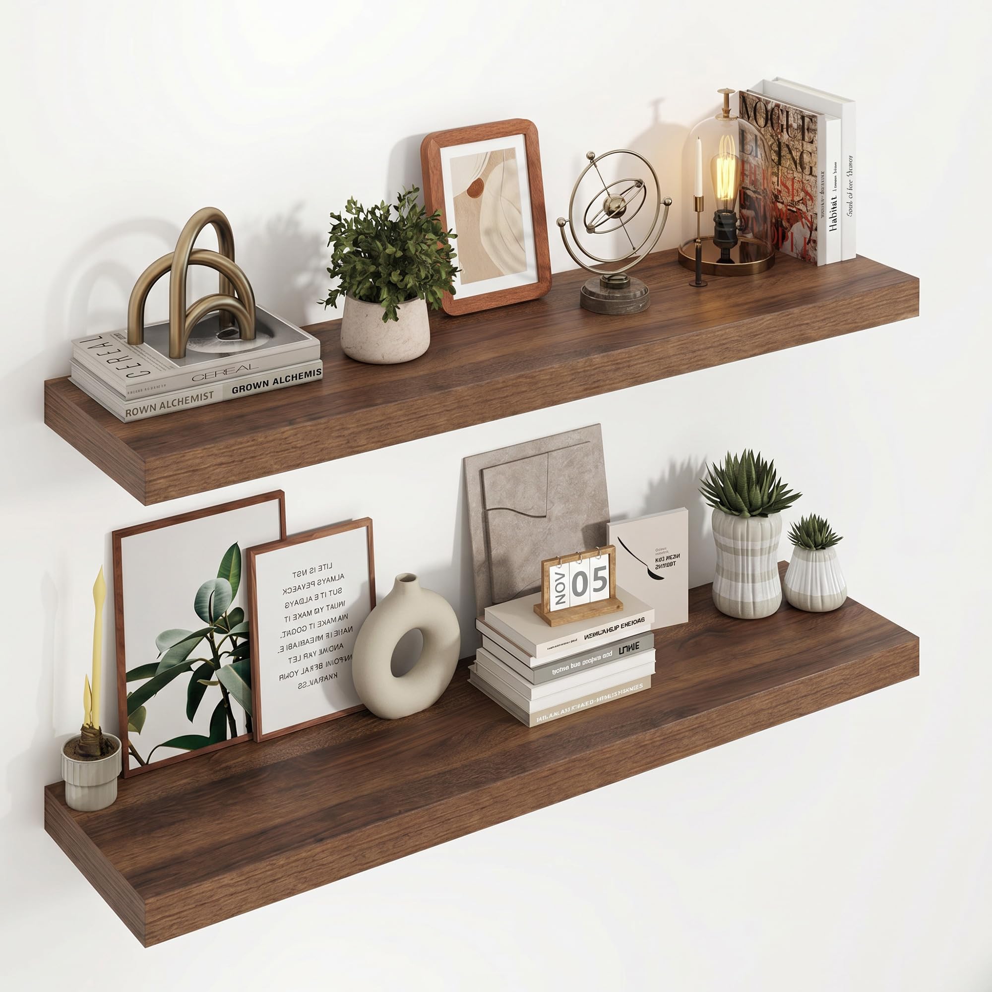 Acovy Floating Shelves for Wall, 23.5cm Extra Deep 100cm Long Wooden Wall Mounted Shelf, Wall Shelves for Living Room Bathroom Bedroom Kitchen, Walnut, Set of 2
