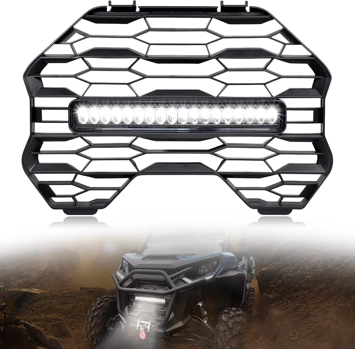 Front Mesh Grill with LED Spotlight Bar for Commander 21-24, Front Mesh Grille Insert with Auxiliary LED Light Bar for Can Am Commander & MAX 2021-2024 Accessories (1PCS)