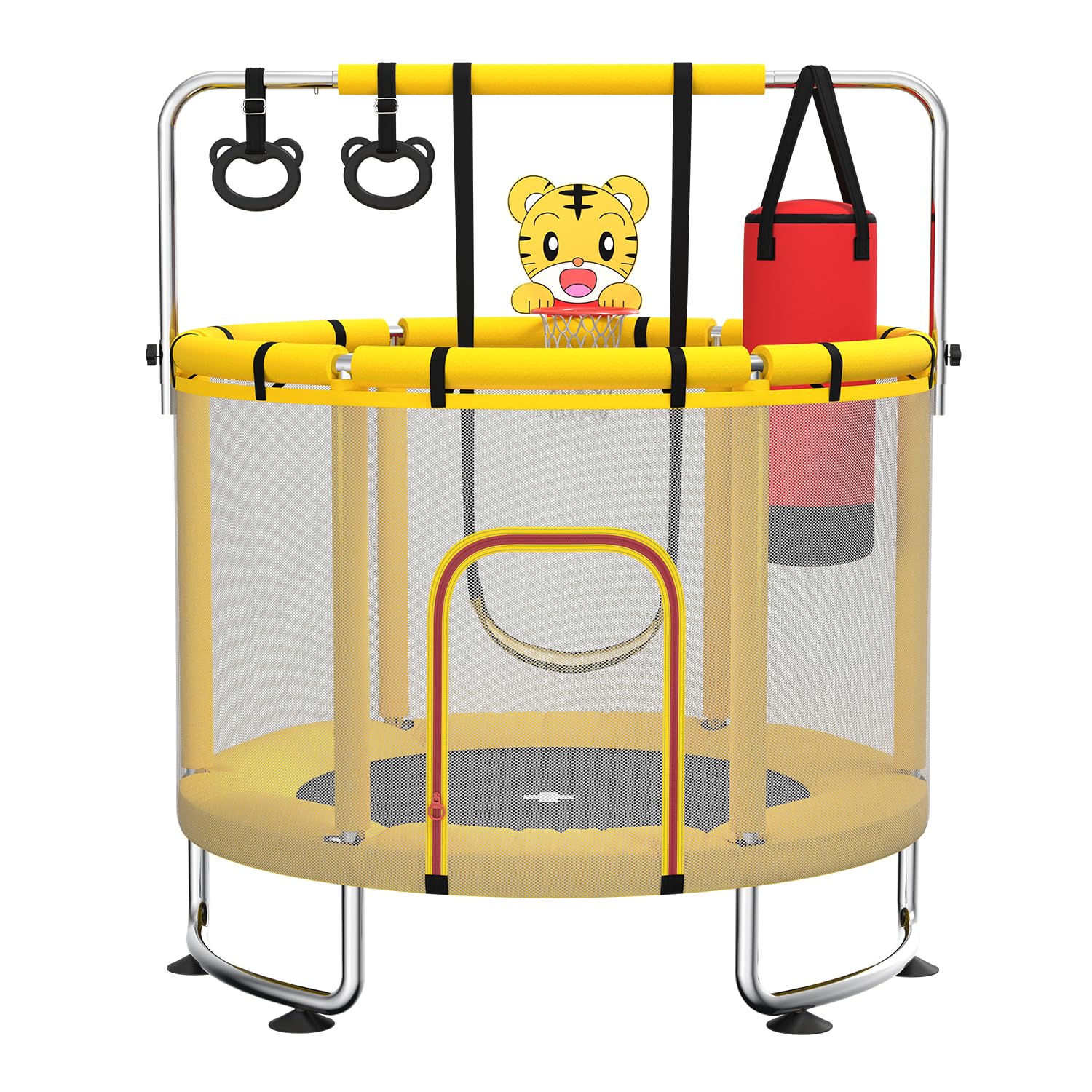 MaxBinTon Trampoline pour Enfants 140 cm intérieur/extérieur – Charge maximale 50 kg avec Filet de sécurité, Barre de Gymnastique réglable et Panier de Basket, Cadeau pour garçons et Filles - 1