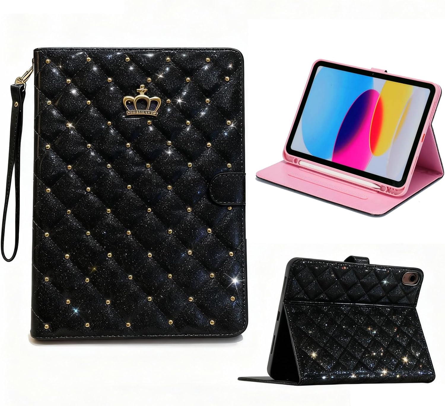 Case for iPad (A16) 11th Generation 11 Inch 2025 / iPad 10th Generation 10.9 Inch 2022, [Built-in Pencil Holder] Heavy Duty Shockproof Glitter Sparkly Leather Bling Folio Protective Cover (Pink)