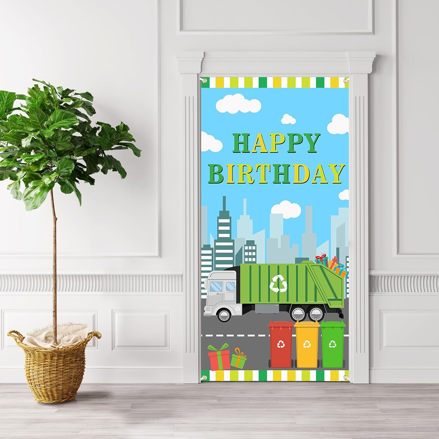 Lofaris Garbage Truck Happy Birthday Door Banner – Trash Trucks Birthday Decorations for Kids,Fun Garbage Truck Party Backdrop for Boys, Baby Shower Favors & Photo Props