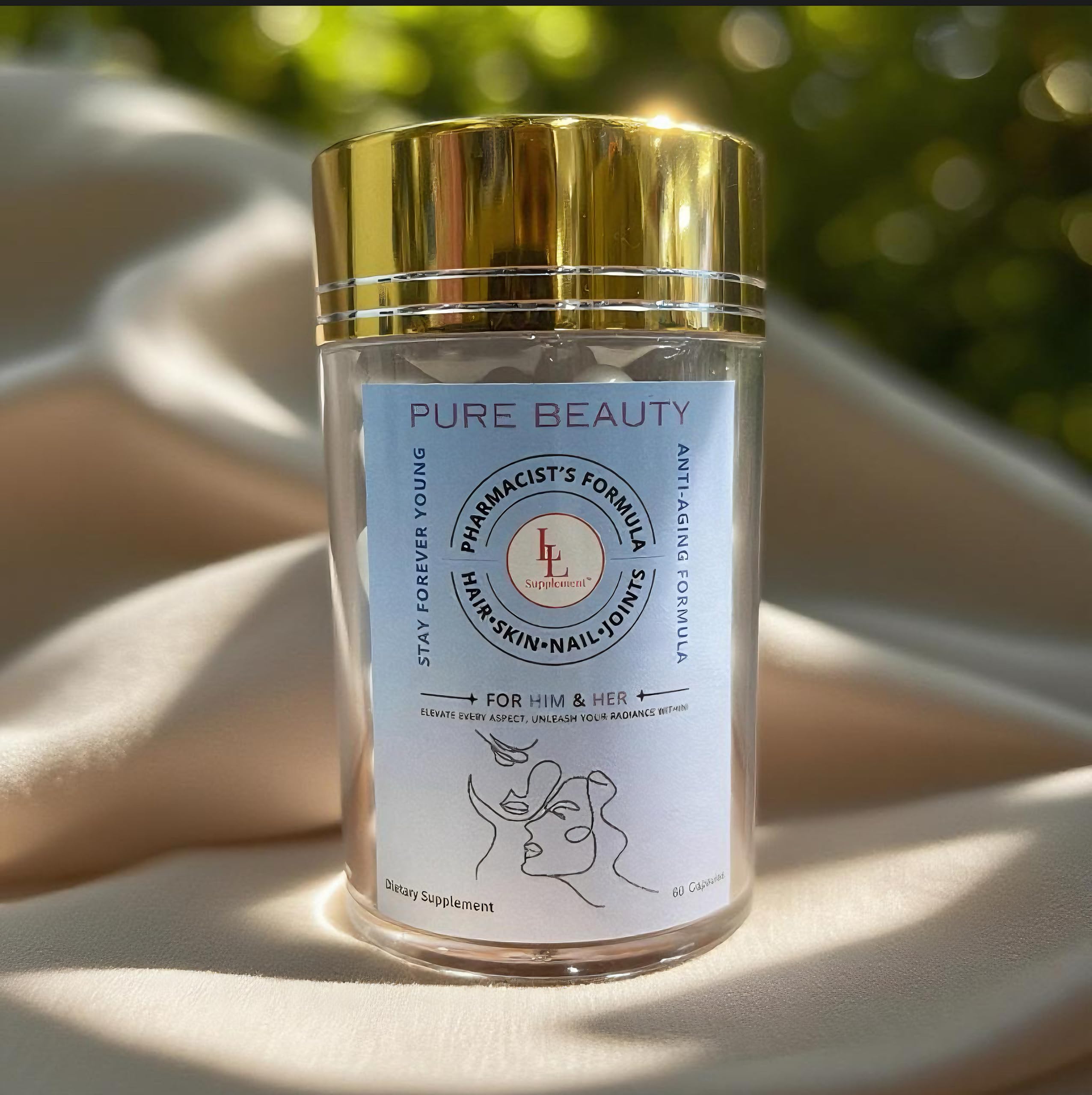 Pure Beauty by LL Supplement – Glow-Boosting Anti-Aging Blend with Collagen, Hyaluronic Acid & Resveratrol for Radiant, Hydrated Skin – 60 Capsules