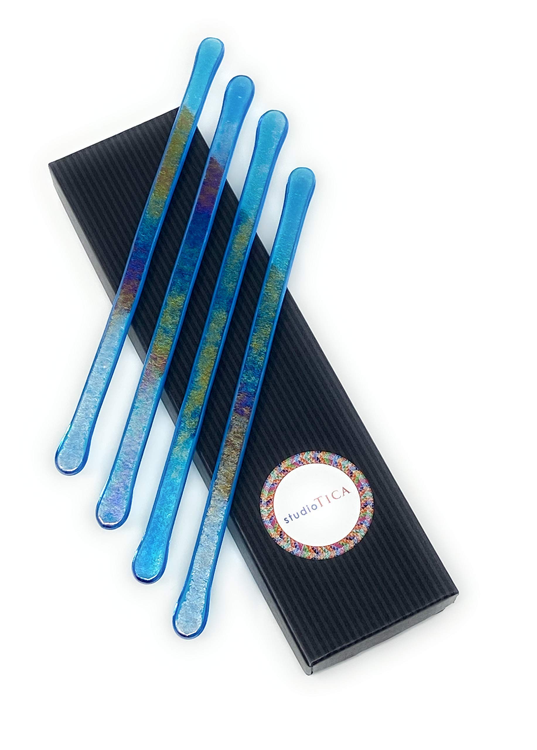 Capri Fire - 7.25 inch - Reusable Handmade Glass Cocktail Java Coffee Stirrer - Functional Art Set of 4 Swizzle Sticks + Elegant Gift Box