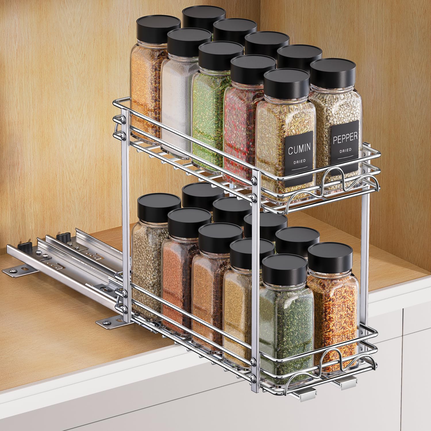 2 Tier Pull Out Spice Rack Organizer for Cabinet?Heavy-Duty Slide Rails with Raised Base Pull Out Spice Drawer Organizer, Fits Pantry & Kitchen Cabinets, 5.5''Wx10.63''Dx10.04''H