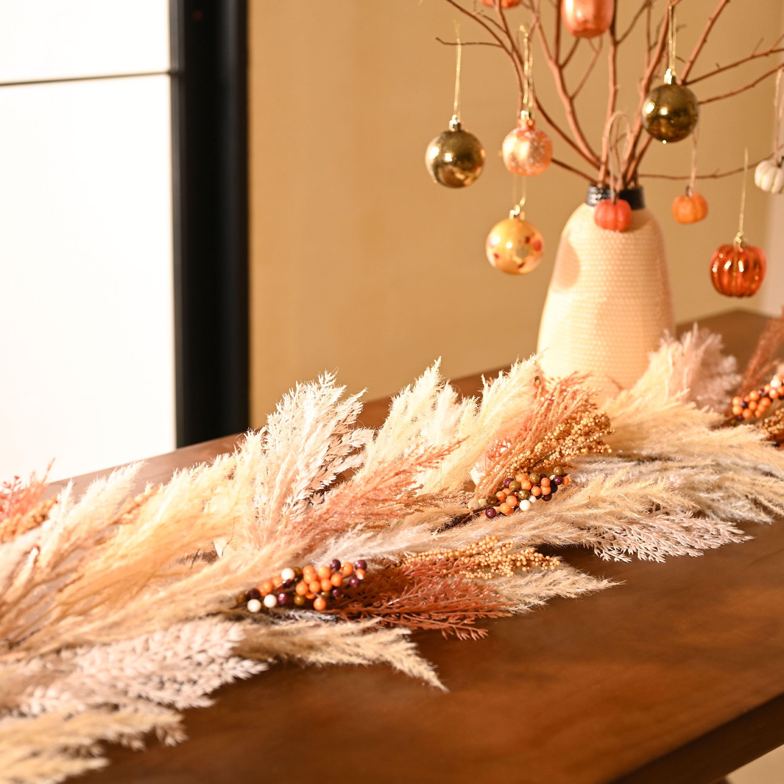 DecorbyHannah Fall Garland with Lights, 6ft Artificial Faux Pampass Grass Autumn Thanksgiving Garland for Mantle, Farmhouse Boho Neutral Home Decor for Table Centerpiece Wall Window Indoor Outdoor Use