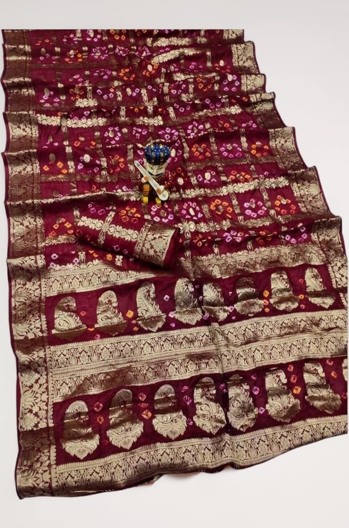 Women's Bandhej Banarasi Silk Zari Work Saree with Running Blouse (Saree - 5.5 Meter & Blouse - 0.80 Meter)(Saree Come without Roll Press & Small Holes May Come Due to Hand Die Bandhej)