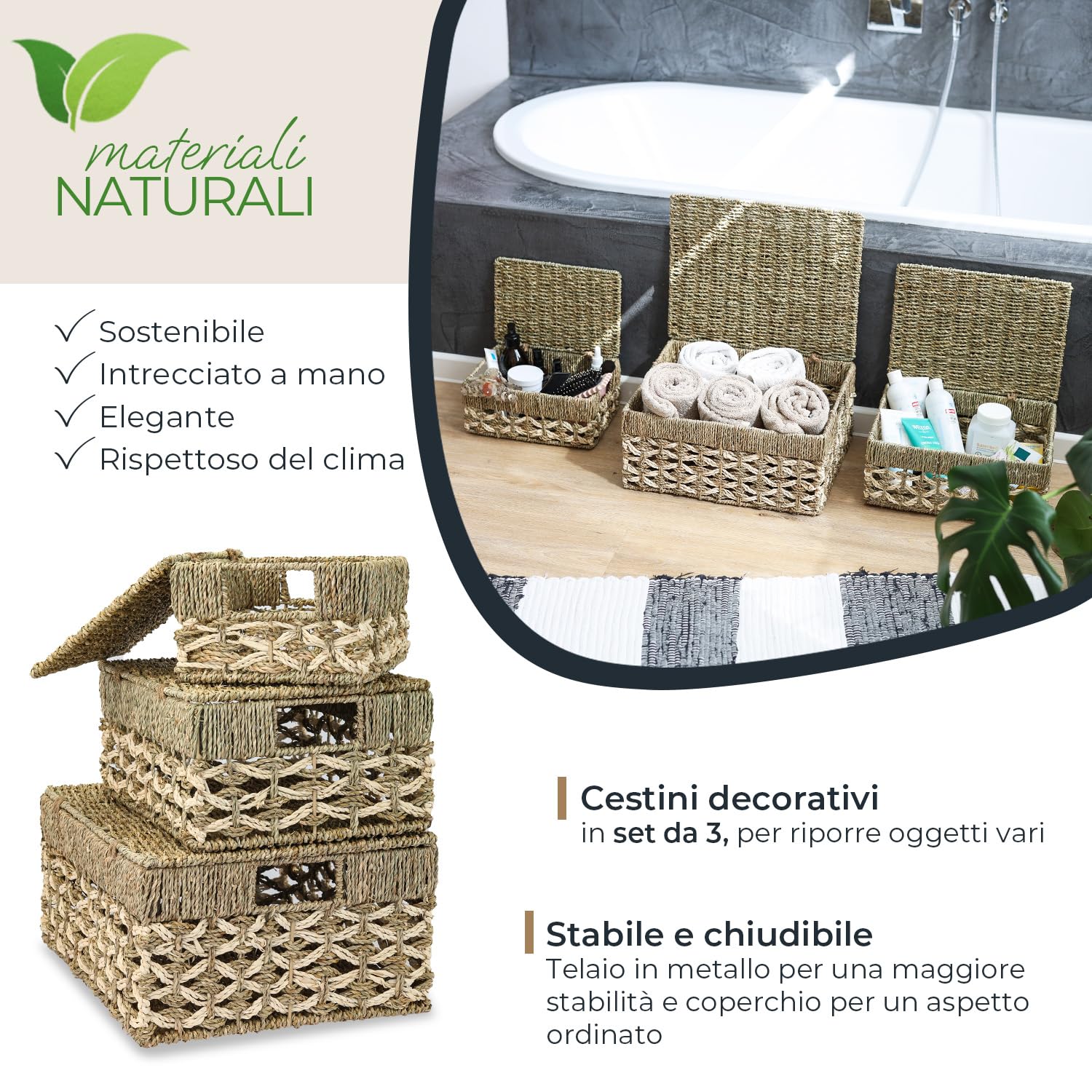 HMF Set di 3 cestiono portaoggetti con coperchio, Cestini intrecciato in alghe marine e foglie di palma | piccolo, medio, grande