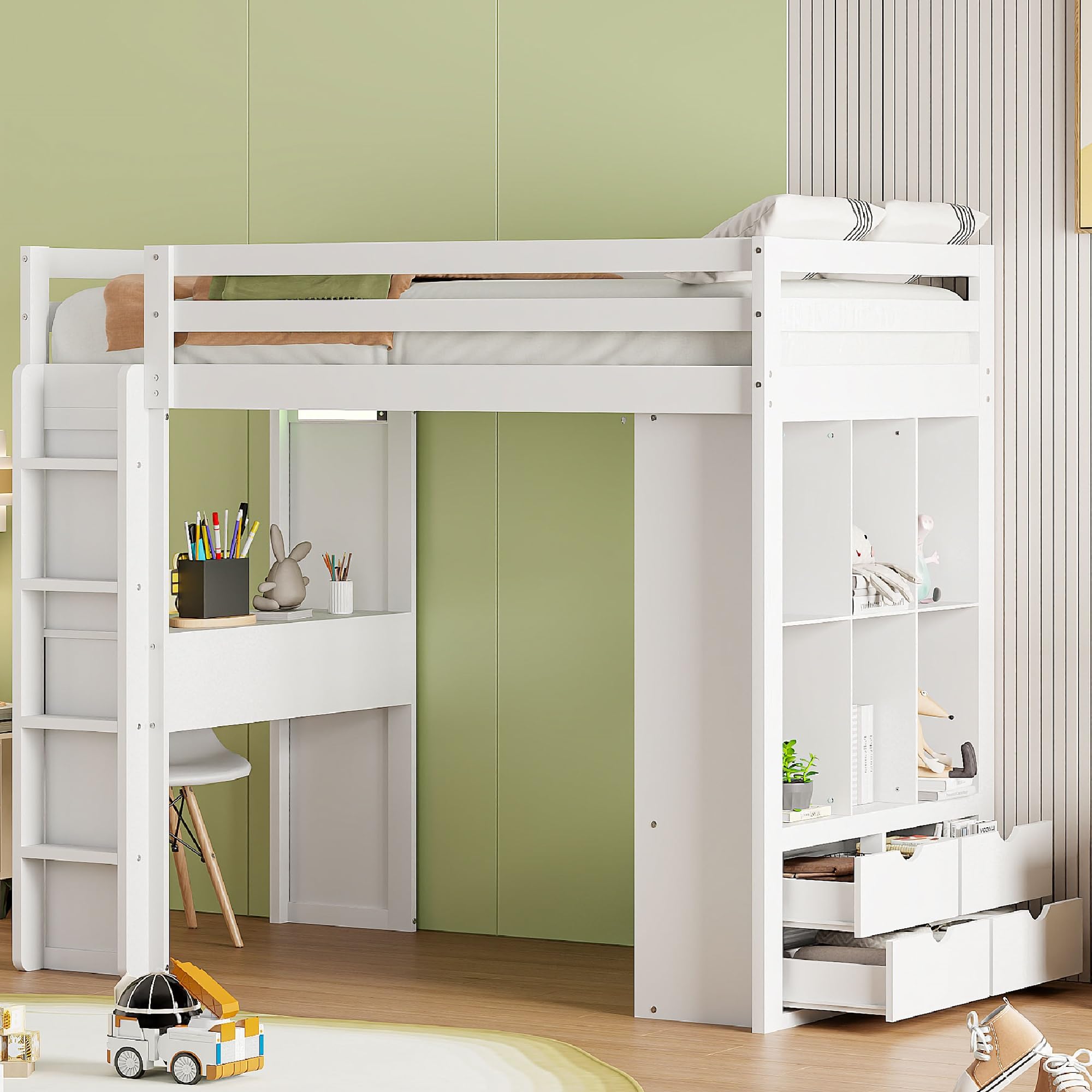 Photo 1 of **UNTESTED**
Merax Loft Bed Twin Size, Wooden Frame with Desk and Storage, Space-Saving Design with Convenient Multi-Drawers & Shelves, for Teens Adults (White)