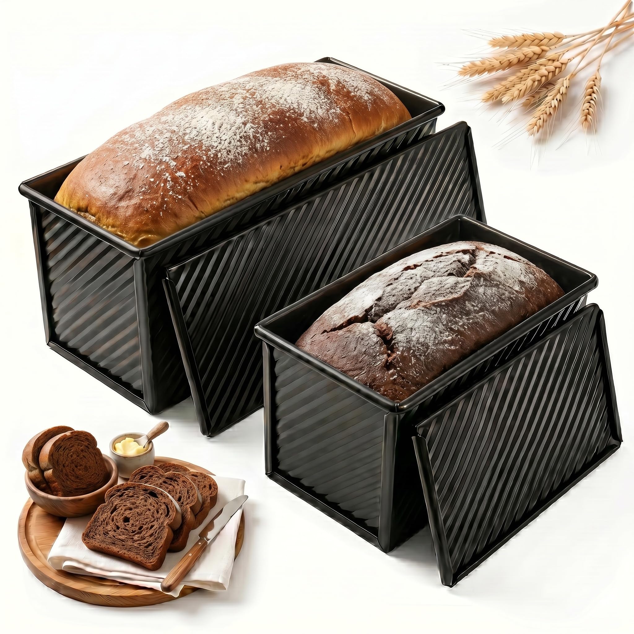 Lot de 2 1000+ 450g Moule Pain de Mie, Moule a Pain de Mie avec Couvercle, Acier au Carbone, Répartition Uniforme de la Chaleur, Idéal pour le pain de Mie et la Boulangerie Maison, Noir