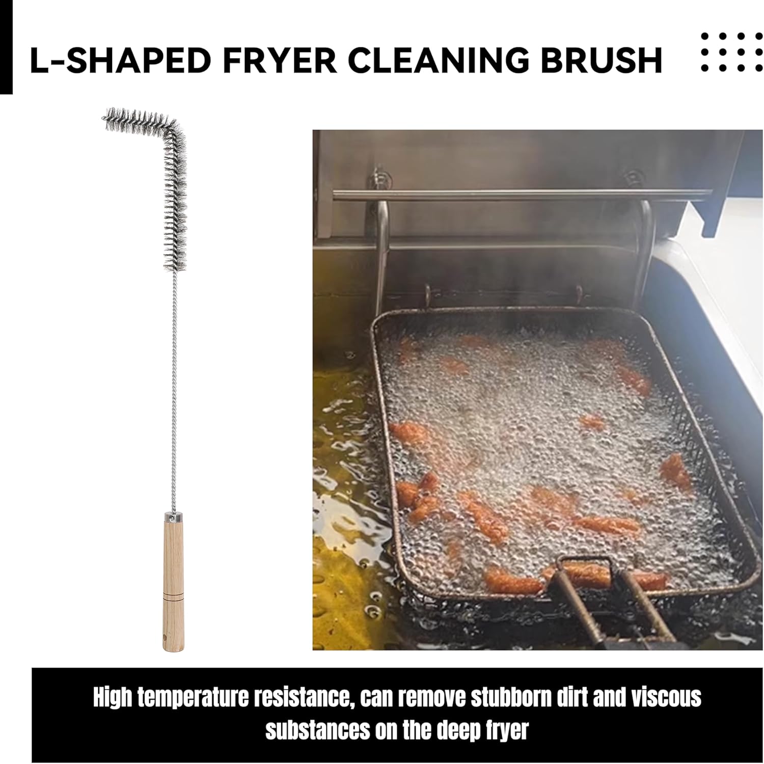 4 Pcs Fryer Cleaning Tools, L Shaped Stainless Steel Bristles Fryer Deep Cleaning Brush, Deep Fryer Crumb Scoop, Fryer Deep Cleanout Rod, Long Handle Fryer Basket Brush for Restaurant Air Fryer