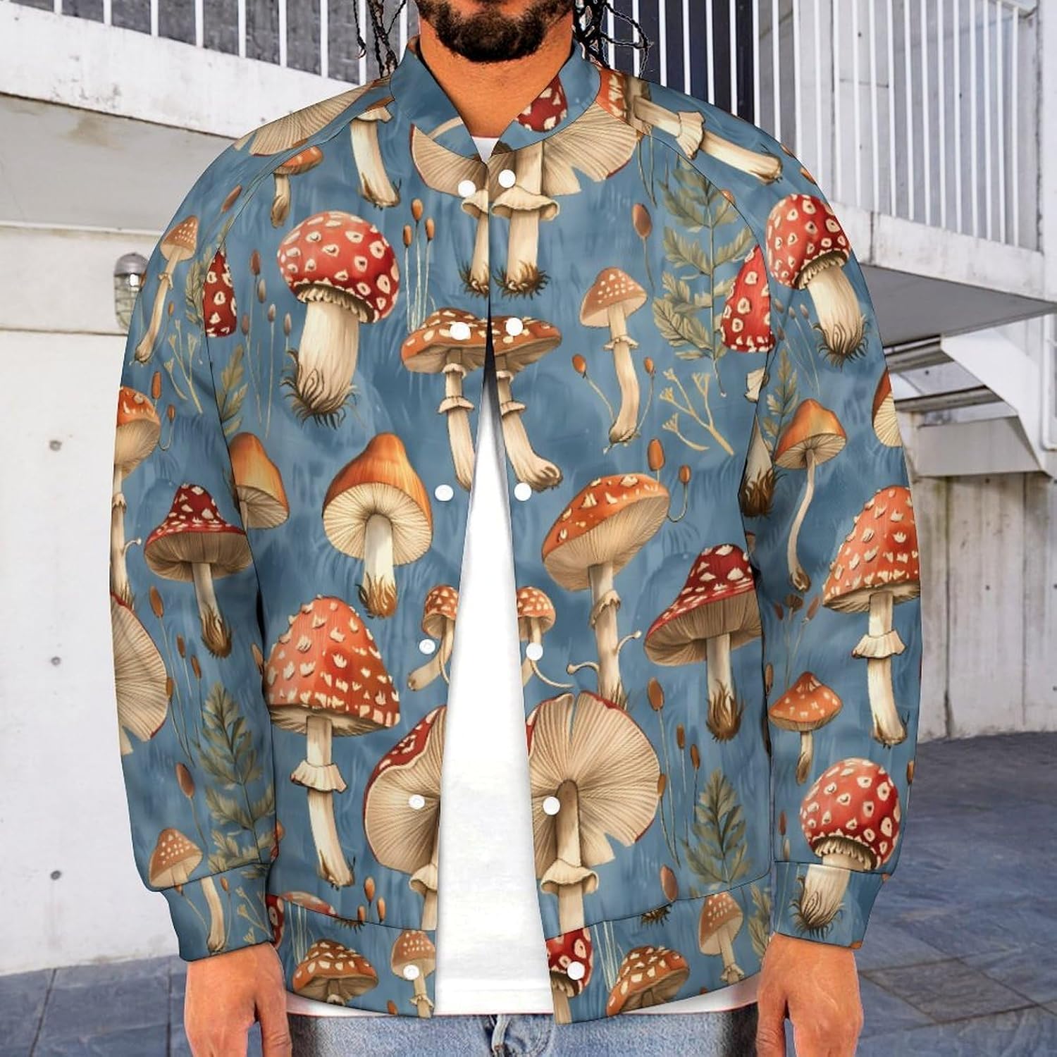 Mushroom Novelty Men's Baseball Jackets Causal Sweatshirt Button Top Long Sleeve Coat
