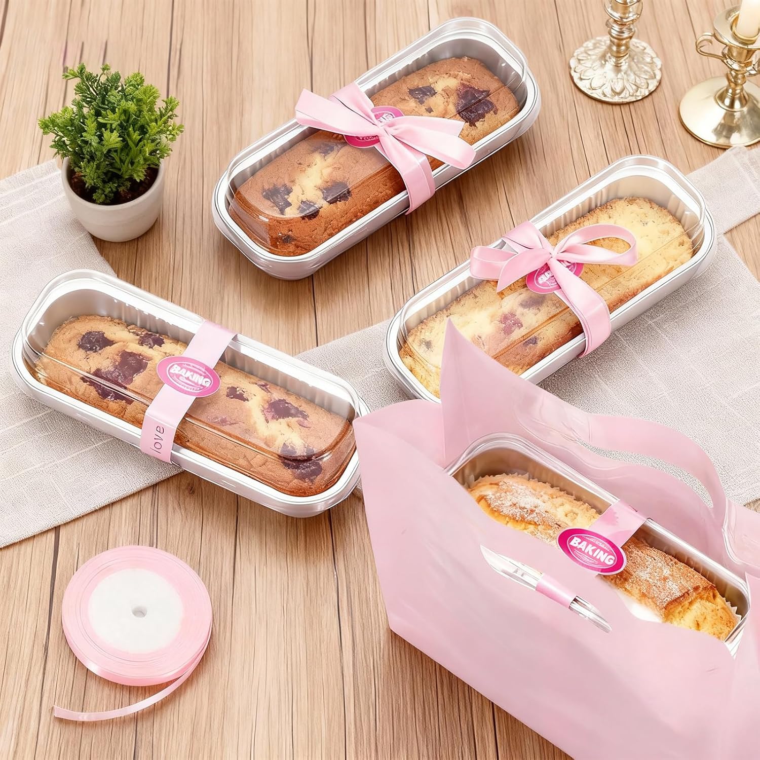 6.8oz Mini Loaf Pans with Lids, 100 Pcs Disposable Rectangular Aluminum Cake Pans, Pink Baking Pans with Lids and Spoons, Includes 20 Pink Gift Bags, Small Cake Tins Ideal for Cakes
