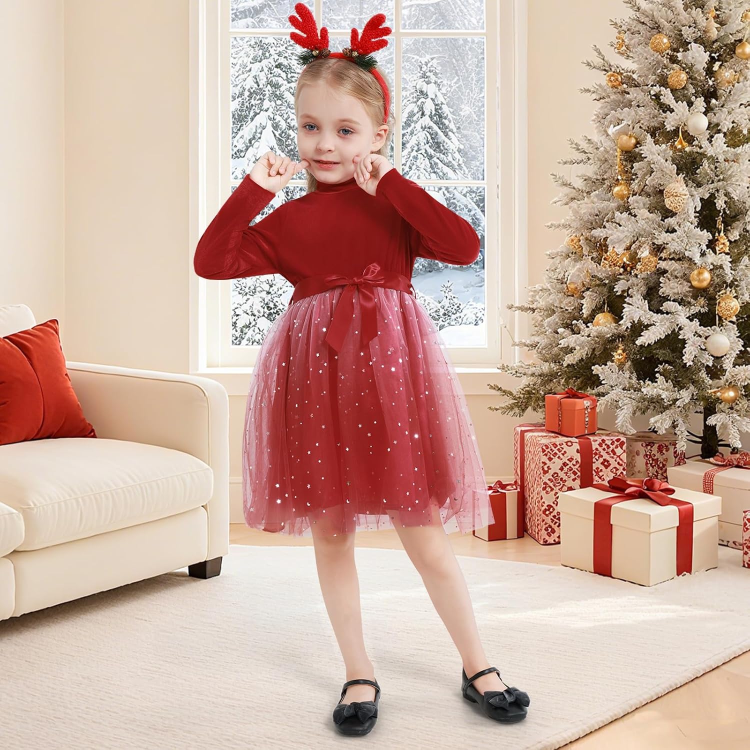 Girls Dress Velvet Long Sleeve Tutu Dress Kids Sparkly Sequin Tulle Holiday Party Casual Princess Dresses 3-8Y - Image 3