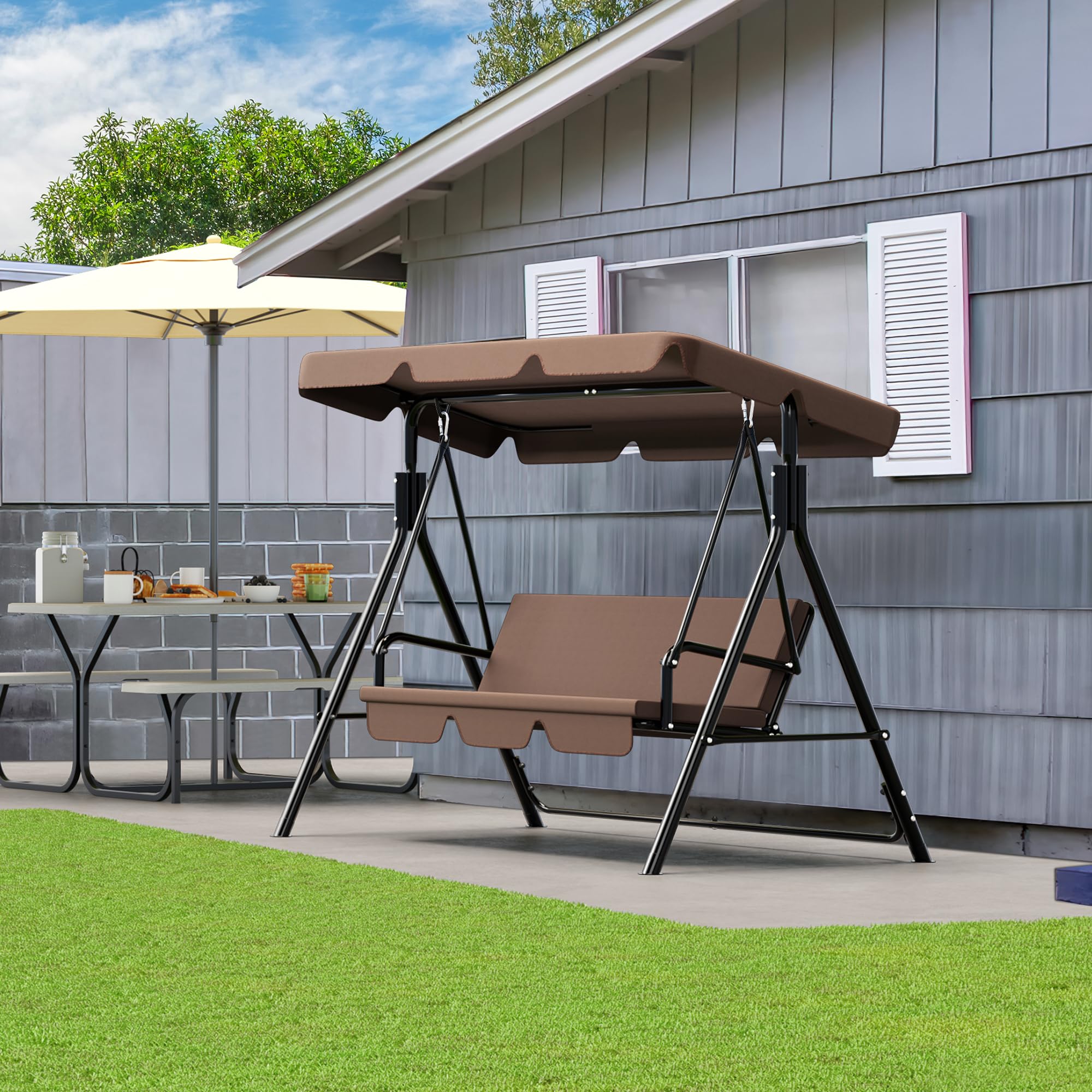 YITAHOME Balancin Jardin Exterior, 3 Plazas Columpio Jardin Exterior, Columpios Balancines de Jardin con Techo Ajustable y Cojín Extraíble para Terrza Balcón Adultos Infantil, 270KG Cargable, Marrón