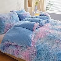 Vista 4 de Fluffy Duvet Cover Queen Size, Soft Plush Shaggy Faux Fur Velvet Comforter Cover Bedding Set 4 Pieces(1 Duvet Cover + 2 Pillowcases + 1 Throw Pillow