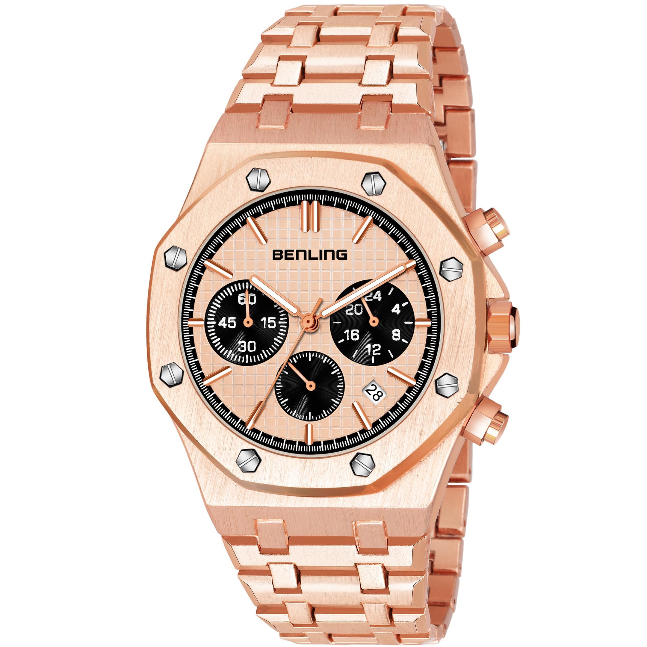 Benling Chronograph Analog Watch for Men, Business Classic Designer, Stainless Steel Strap, Water Resistant 5 ATM (Rose Gold) (B0CNGH3RXS) Amazon Price History, Amazon Price Tracker