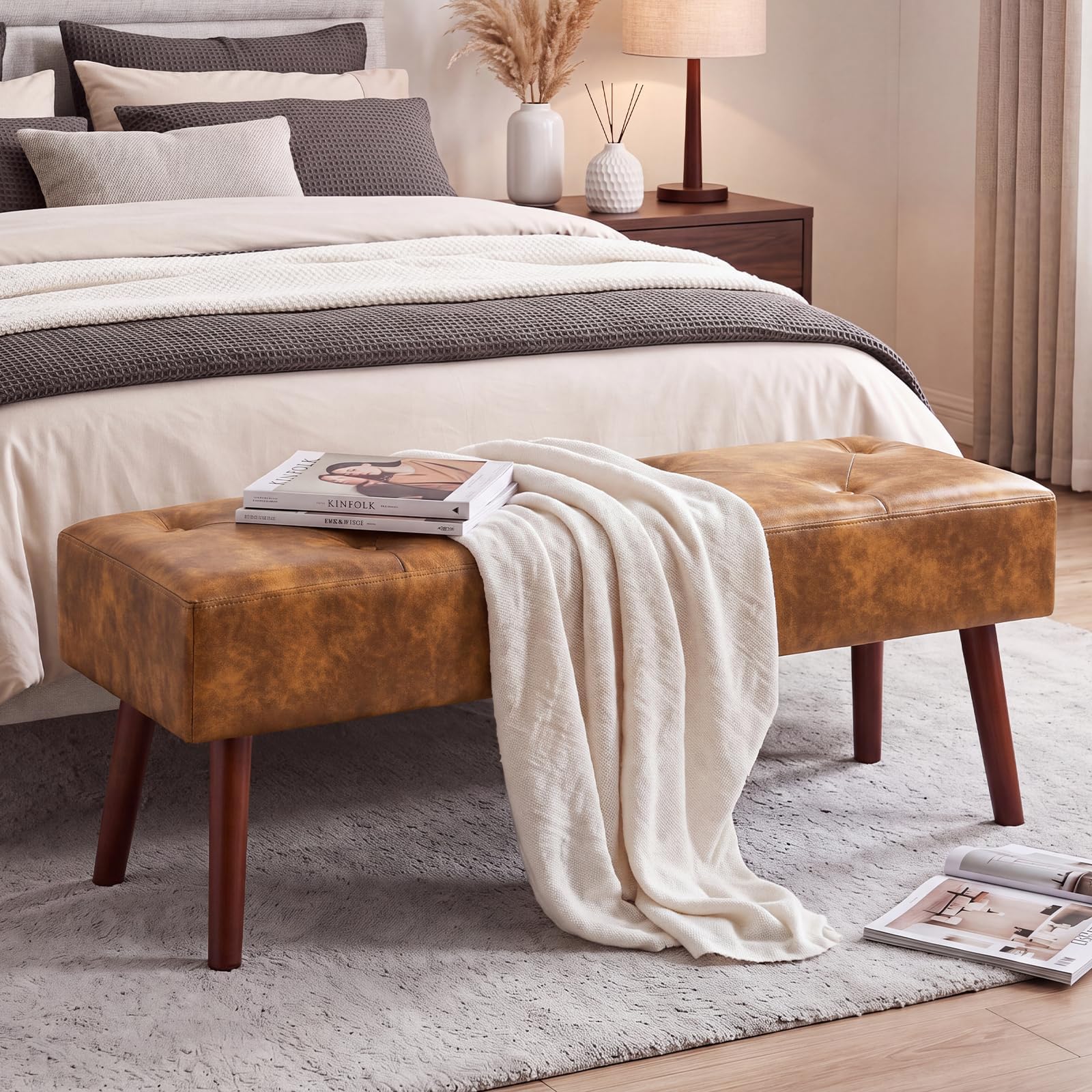 Furniliving 44 Inch Tufted Leather Bench, Leather Footrest Stool Bedroom Bench Seat, Upholstered Tufted Beathable Fabrics Ottoman Bench with X-Shaped Wood Legs for Kitchen, Solid Wood Indoor Bench