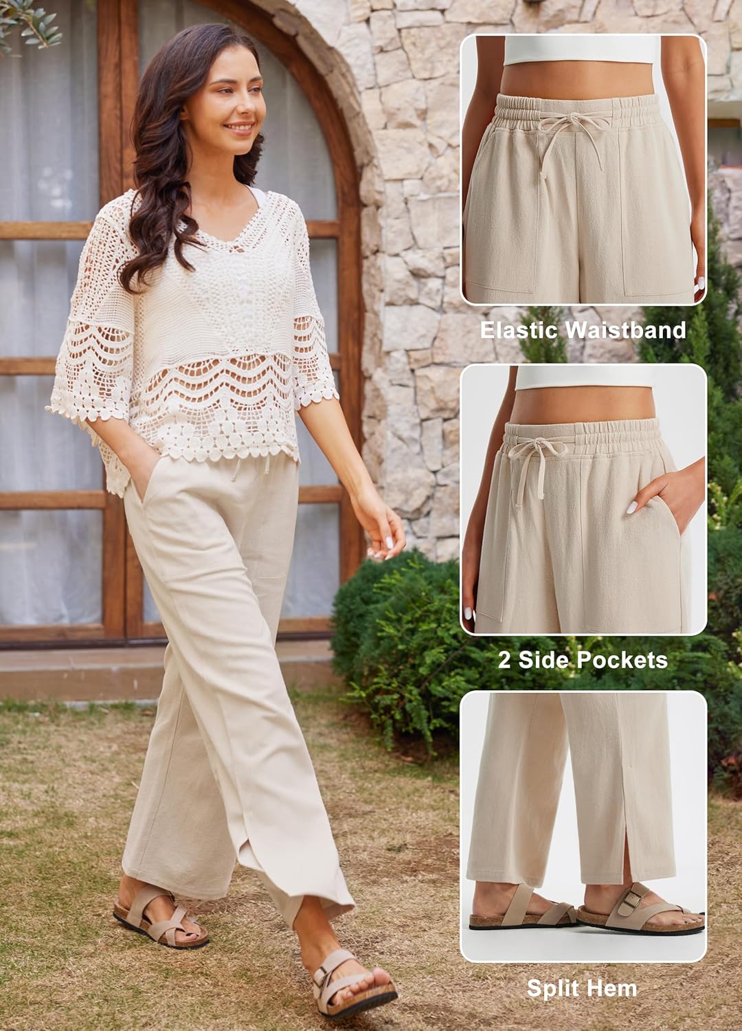 Libin Women Linen Pants Wide Leg Side Slit Ankle Pants High Waist Drawstring Casual Palazzo Loose Beach Pant Cropped Trousers - Image 6