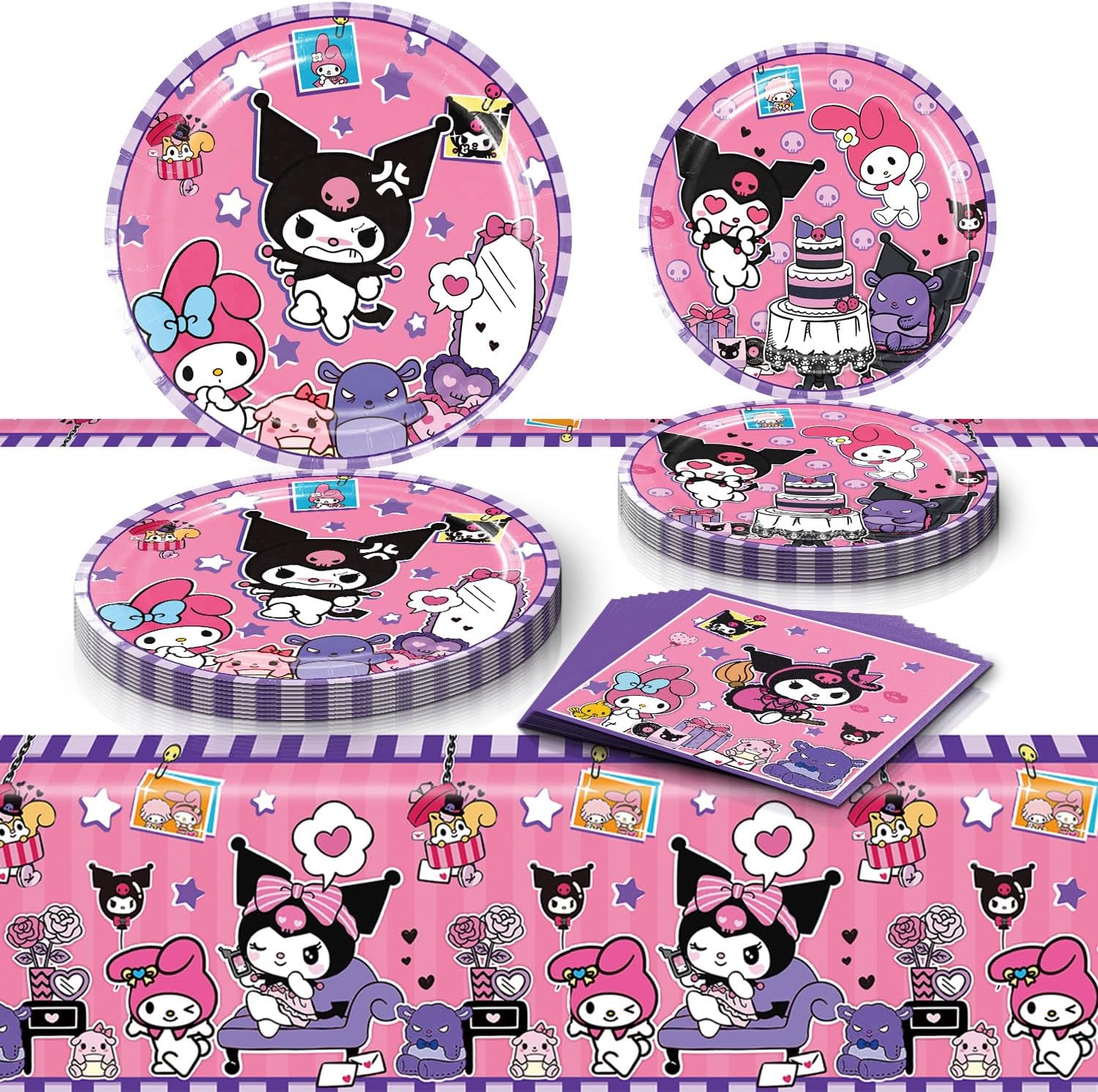 AVONO Kuromi Birthday Party Supplies, 20 Plates, 20 Napkins and 1 Tablecover for Girls Kuromi Party Decorations