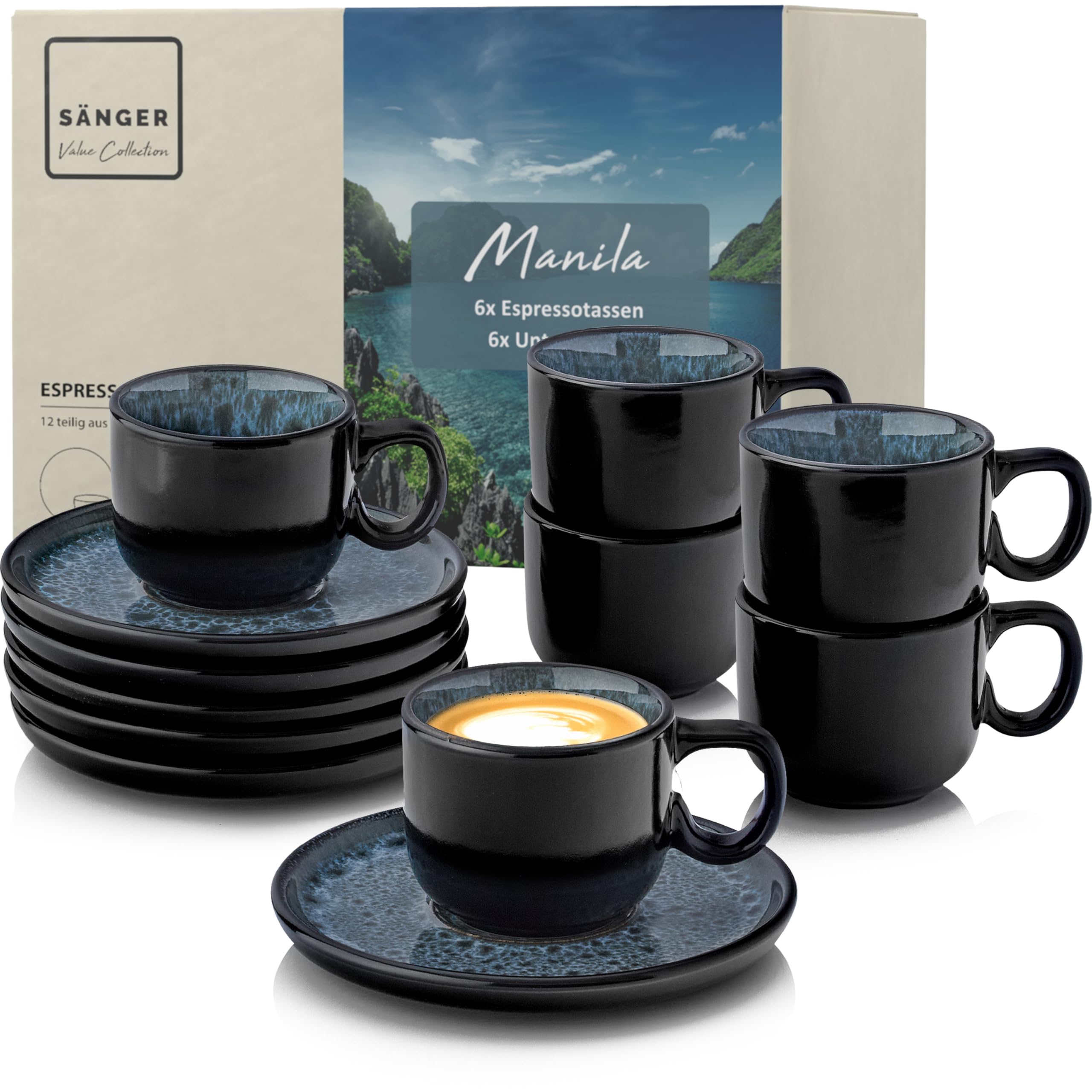 SÄNGER Manila | Espressotassen Set Steingut 12 tlg, Mokka Tassen Set 6 Personen, Tassen & Untertassen - spülmaschinenfest mikrowellenfest - Tassenset blau mit schwarzem Rand 80 ml | VALUE COLLECTION