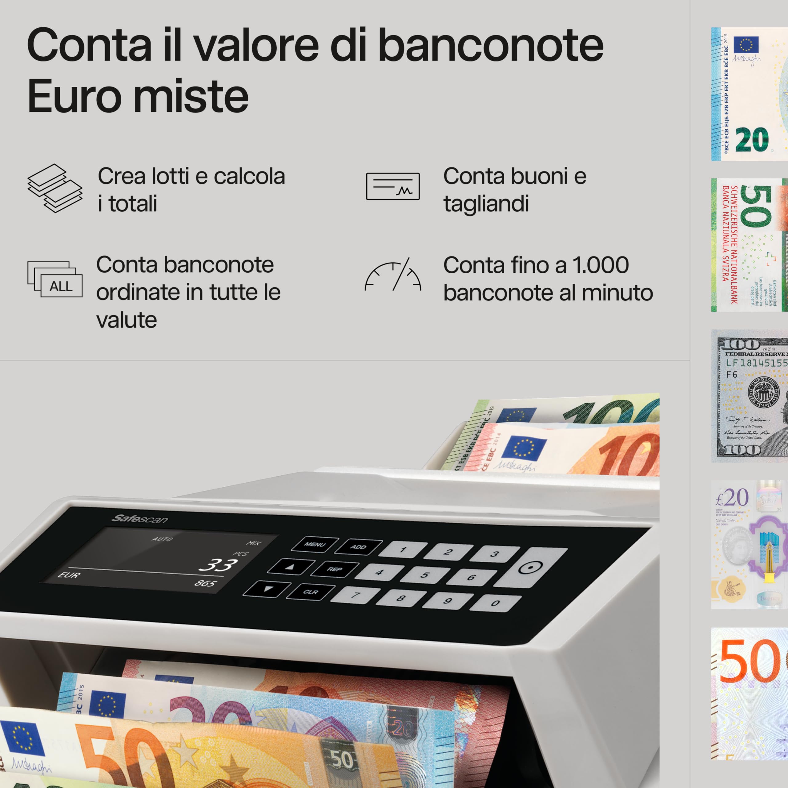 Safescan 2465 S contabanconote che conta banconote miste euro Contabanconote con verifica banconote a 7 punti Contabanconote ordinate per tutte le banconote