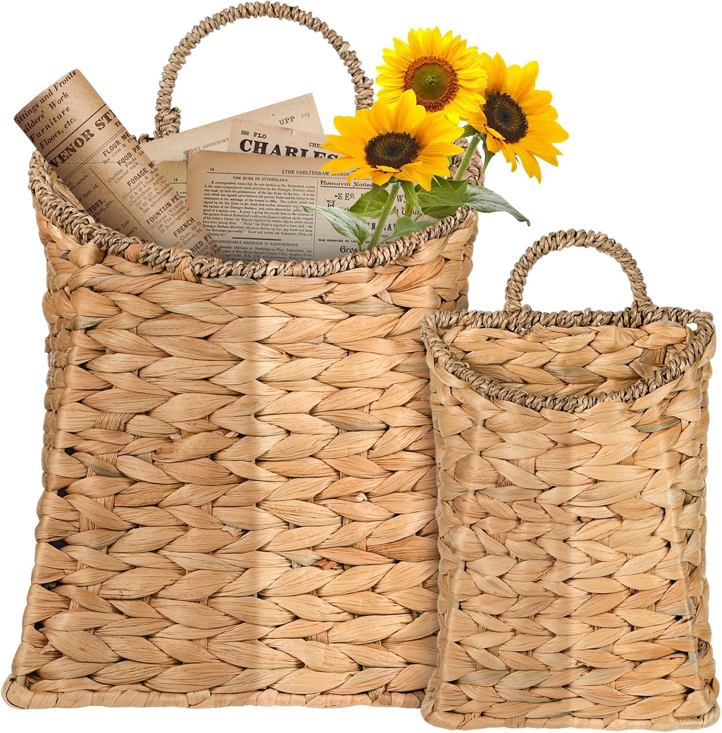 2 Pack Woven Hanging Wall Basket for Front Door 10.2'' + 8.2'' Water Hyacinth Basket for Flowers Handmade Hanging Wicker Baskets Boho Wall Mount Storage Organize for Home Door Shelves Walls