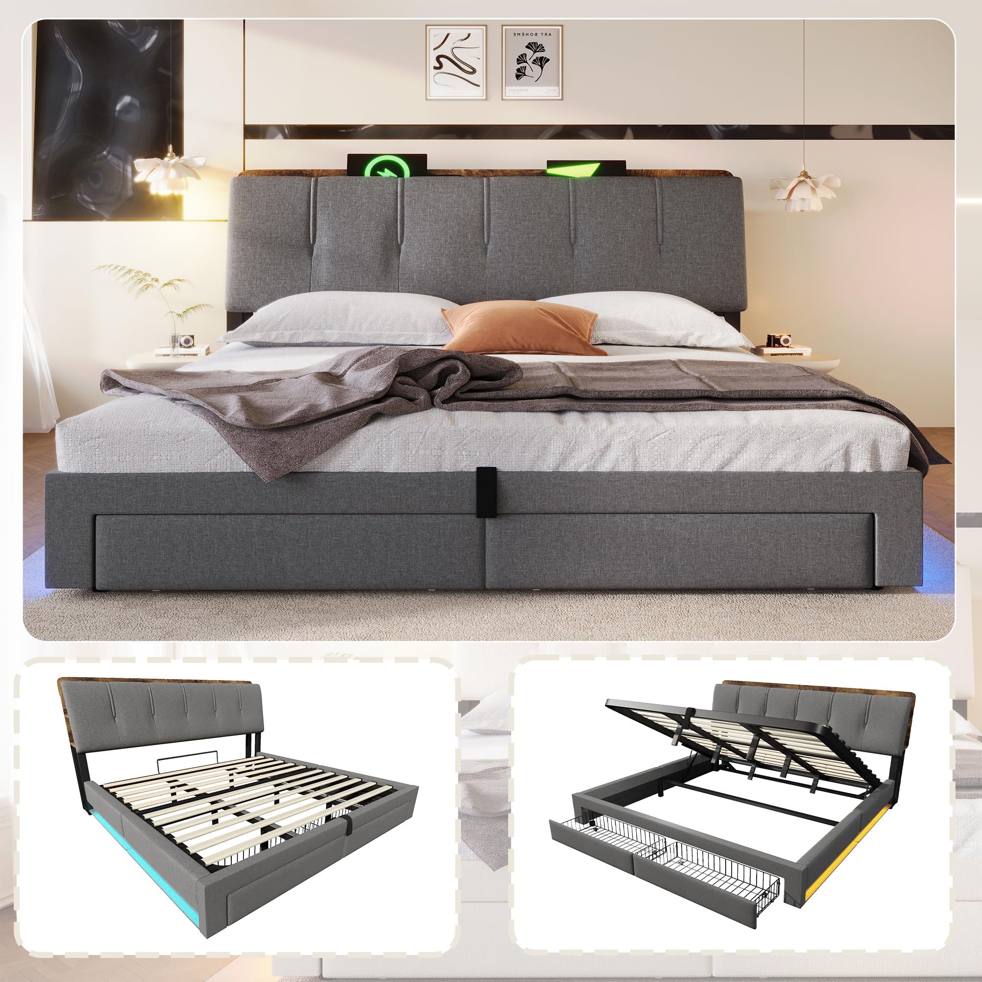 Polsterbett 180x200 cm mit LED-Beleuchtung und USB Typ-C Ladefunktion, Stauraumbett mit Hydrauliksystem, Doppelbett mit 2 Schubladen, Leinen, Grau(Ohne Matratze)
