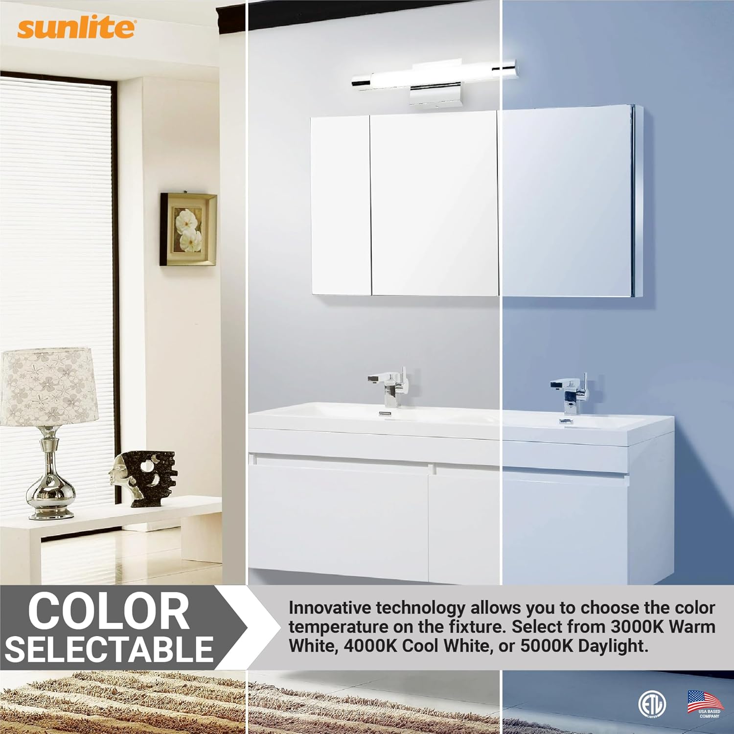 Sunlite 81132 18-Inch LED Linear Vanity Light Fixture, 20 Watts, 1600 Lumens, Color Selectable 30K/40K/50K, Dimmable, ETL Listed, Chrome, for Hotels, Restaurants & Commercial Use