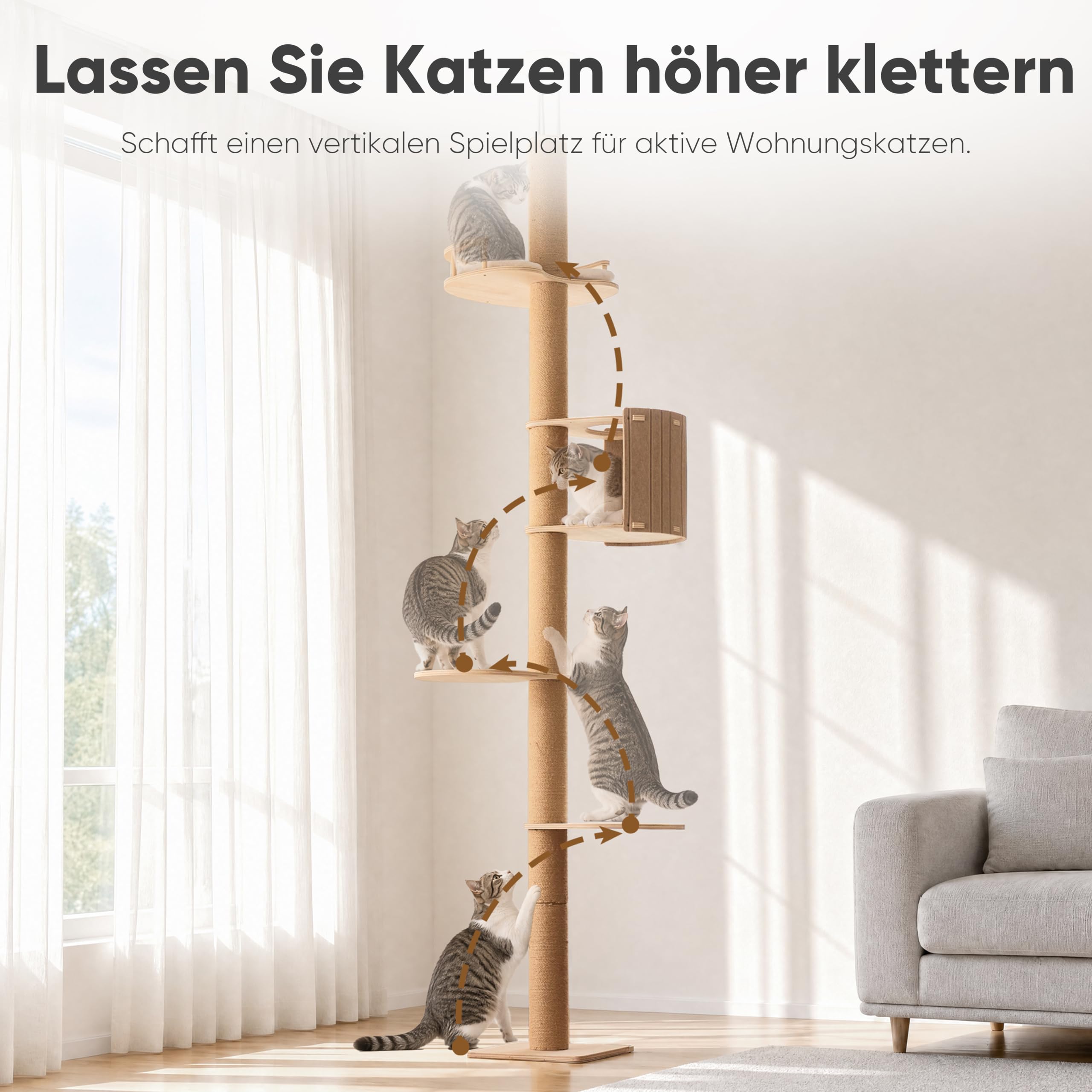 FUKUMARU Kratzbaum, bis zur Decke reichender Katzenturm,Katzenbaum aus Natürliches Gummiholz-Sperrholz, mit Katzenversteck-Zelt und oberer Liegenische mit Geländer,beige