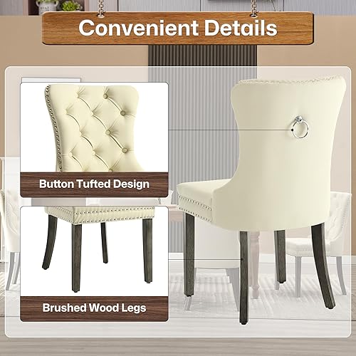 Miniatura 15 de Juego de 2 sillas de comedor, sillas de terciopelo copetudas con patas de acero inoxidable doradas, anillo de metal con ribete de remache, respaldo