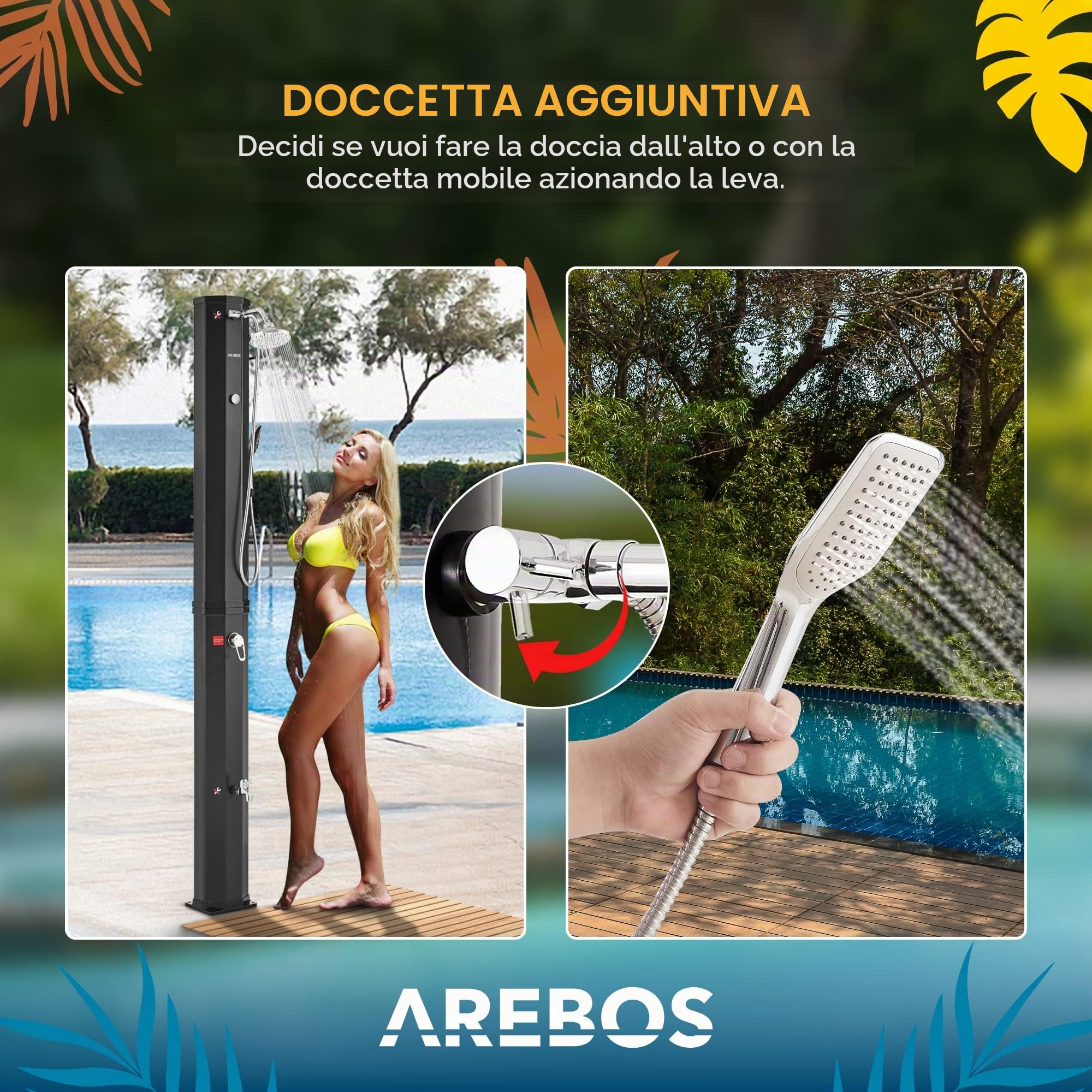 AREBOS Solar Shower 60 L | con doccetta e termometro | Temperatura dell'Acqua Fino a 60°C Doccia da Campeggio per Piscina | Soffione Rotondo | Tecnologia a Scatto | Coperchio Incluso | Nero