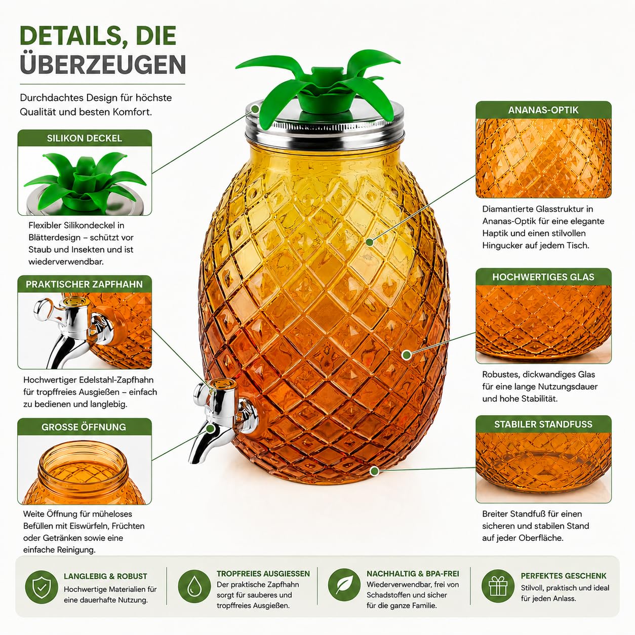 2er Set Getränkespender je 4,5L Ananas Glas mit Zapfhahn Getränkebehälter Saftspender Limonadenspender Partyspender Deckel 30cm für Cocktails Eistee Spender - gelb orange