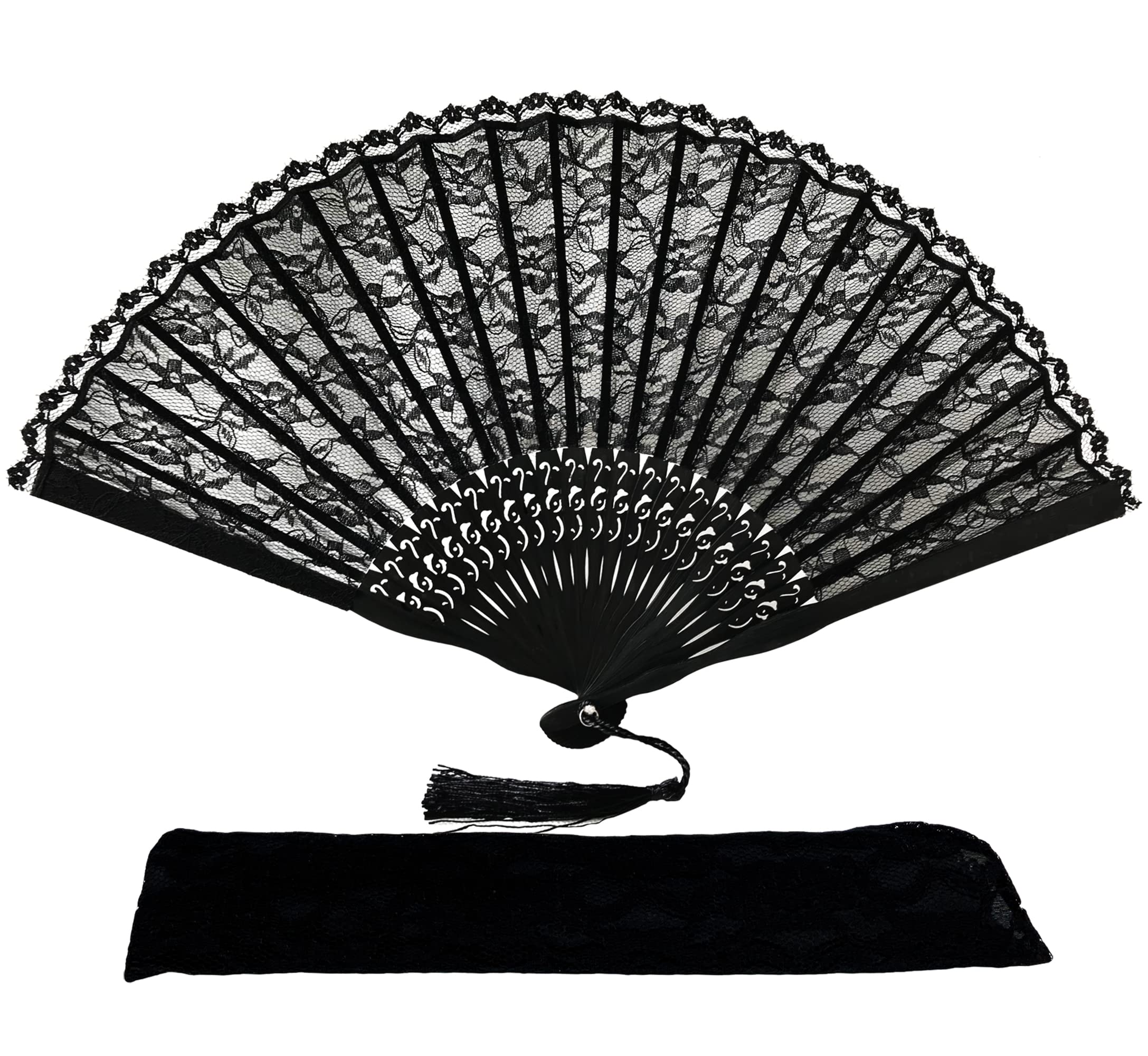 Rangebow FANSOF.Fans Premium Vintage Lace Fabric Handheld Folding Fan with Grade A Bamboo Ribs for Women Girls Event Birthday Wedding Favour with Tassel (Black 1)