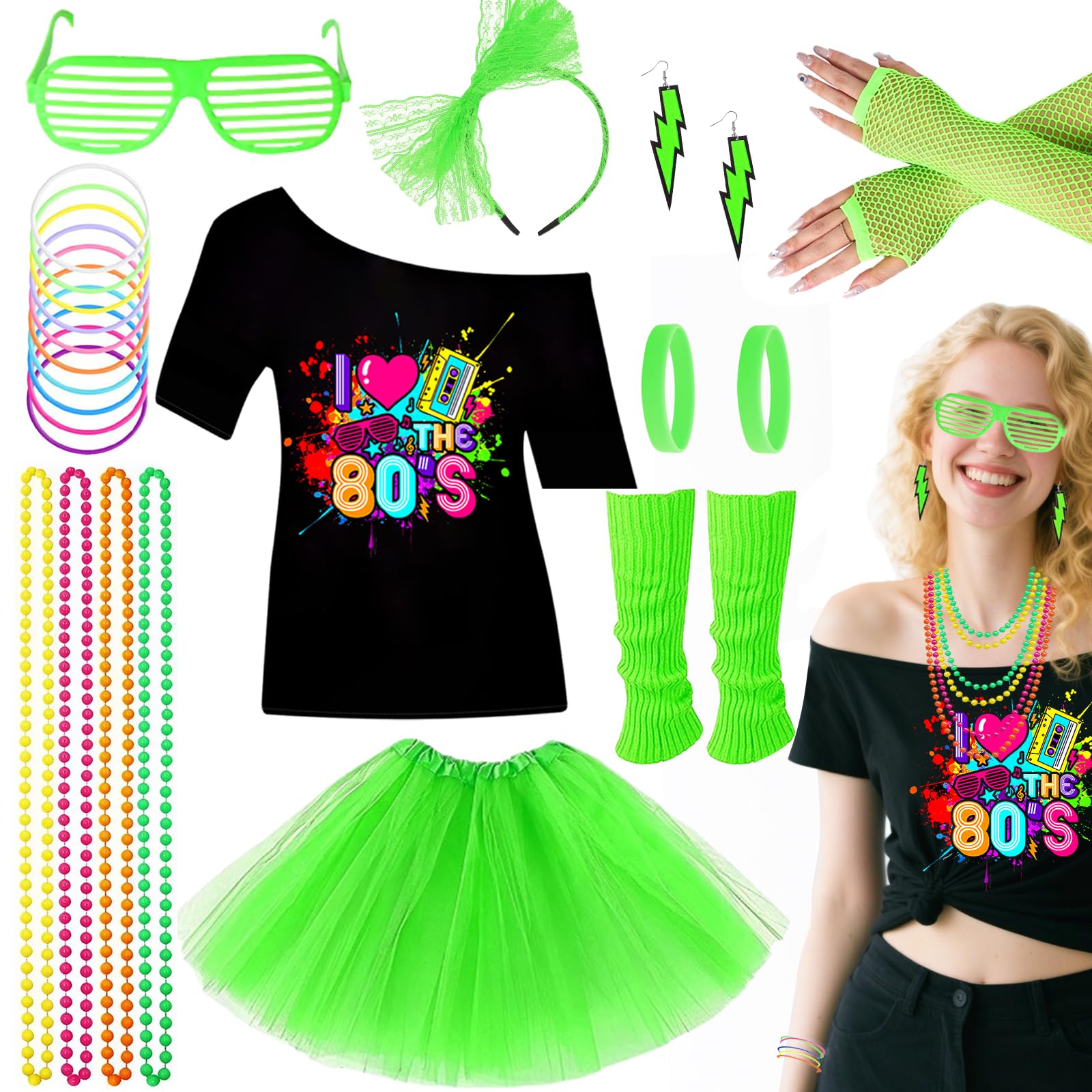 10Pcs 80s Accessories Set for Women, Retro Fancy Dress with Tutu Skirt Leg Warmers Fishnet Gloves Earrings Lace Headband Glasses Bracelet for Girls 1980s Costume Outfit Hen Do Party (Green, L)