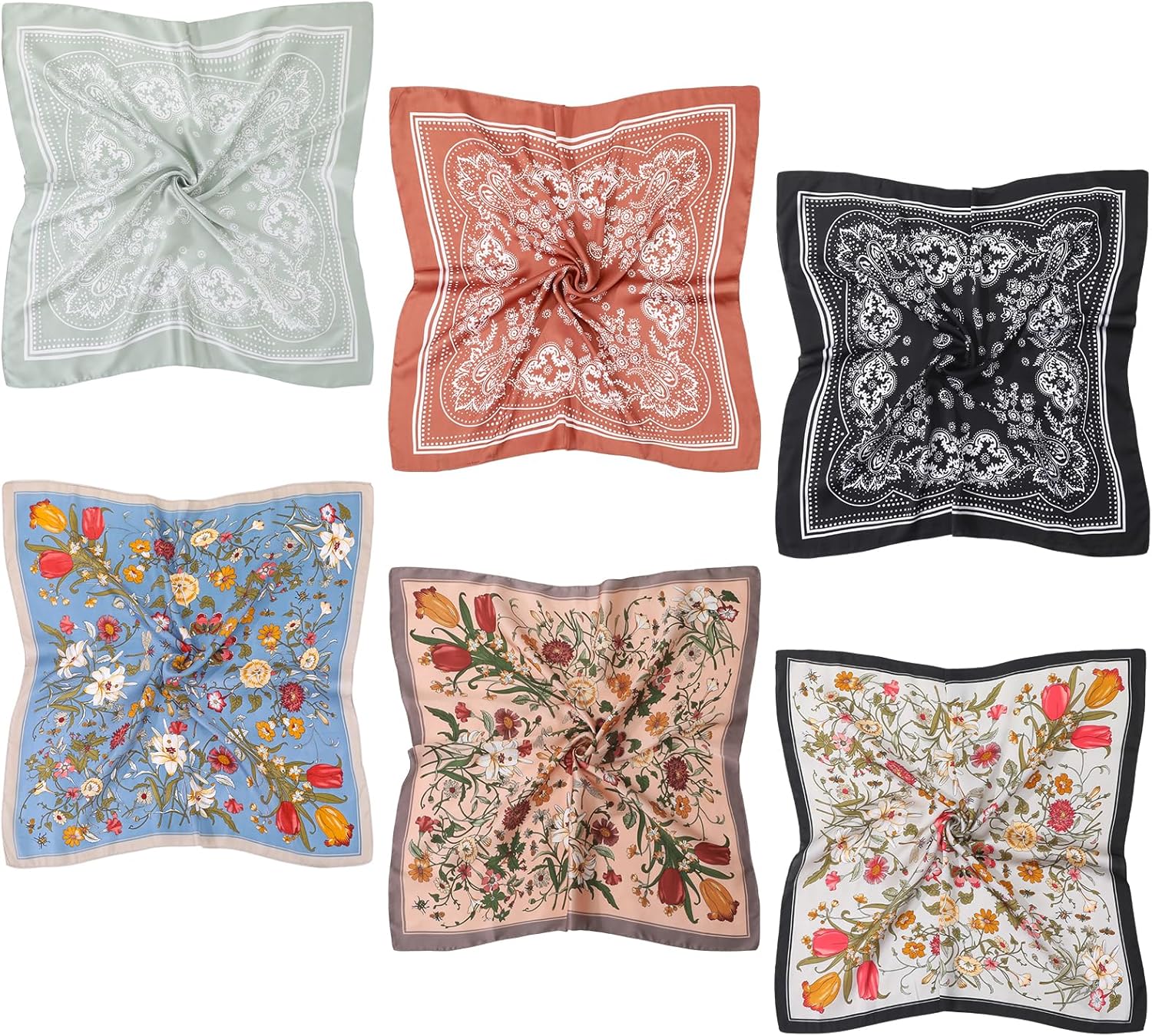 JATEBI 6 Pcs 27'' Square Head Scarves for Women Silk Like Lightweight Bandana Scarf with Paisley and Floral Patterns - Image 8