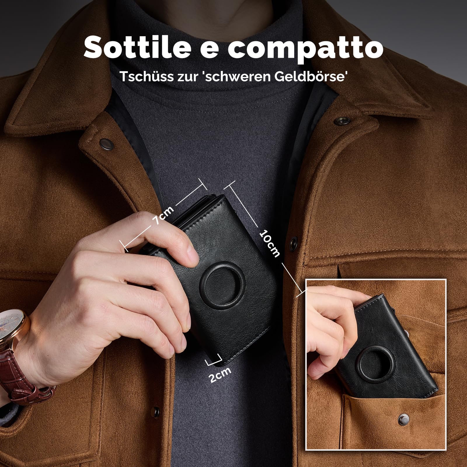 YESIIW Portafoglio Uomo Airtag, Super Compatto e Alta Capacità Pop up Portacarte Uoomo per 12 Cartes Porta Carte di Credito Uomo con S Portamonete, Blocco RFID & Chiusura Magnetica (Nero lucido)