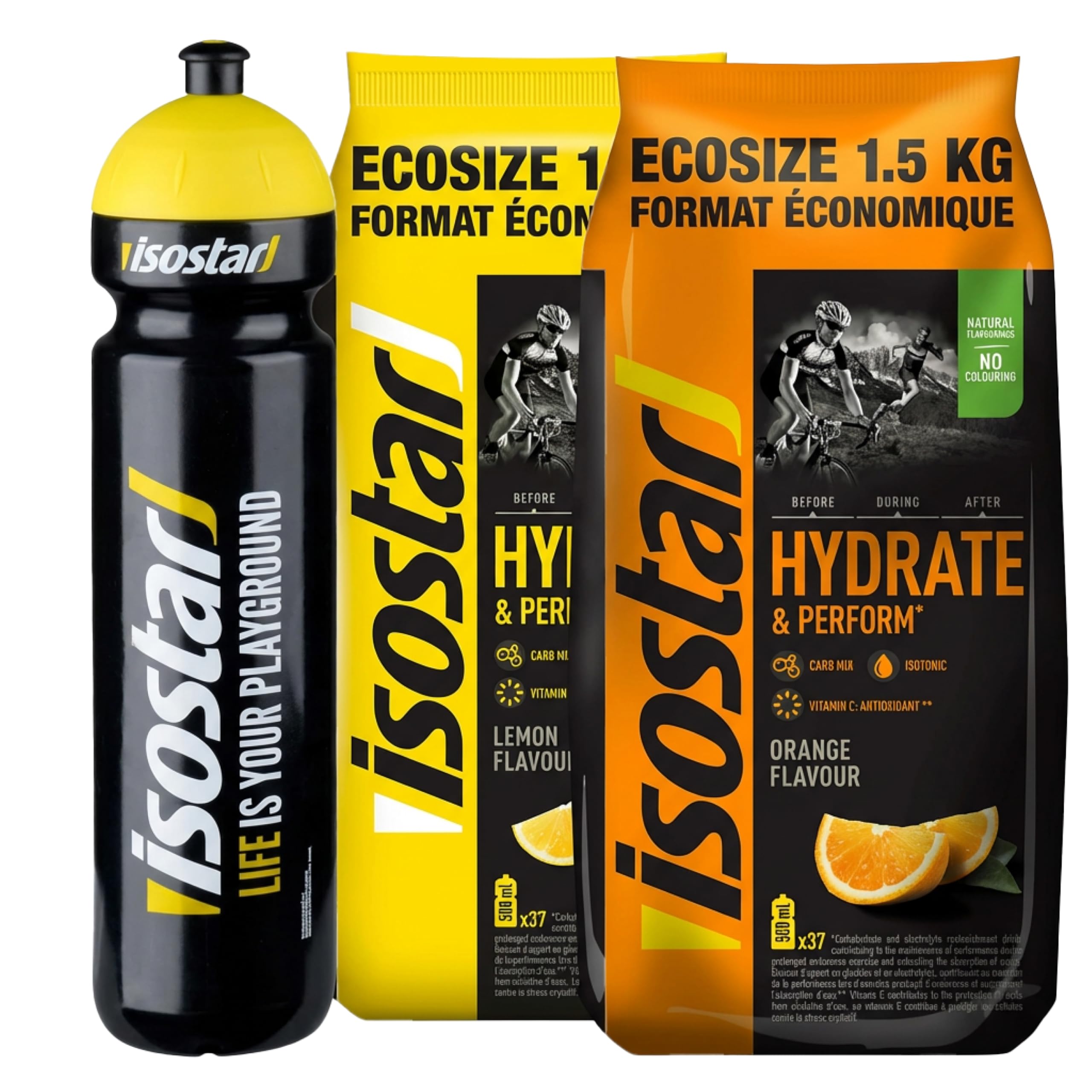 Isostar Hydrate & Perform Powder 3er Bundle - 2x 1,5kg Lemon/Orange/Flasche