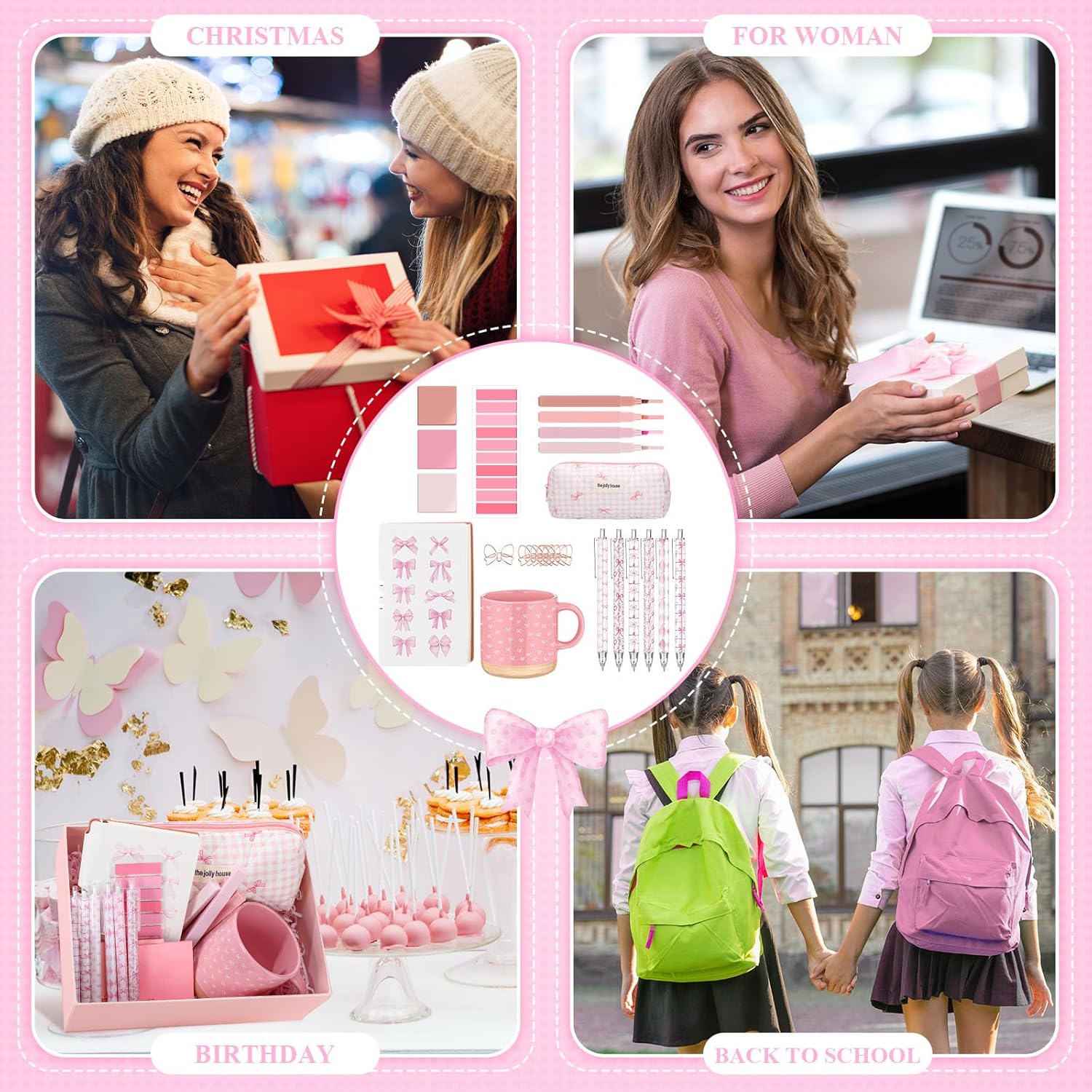 Vesici 26 Pcs Cute Pink Stationery Set School Supplies Coquette Bow Journaling Kit Coquette Notebook Bow Pens Coffee Mug Highlighters Pencil Case for Women Office Church Bible Study - Image 6