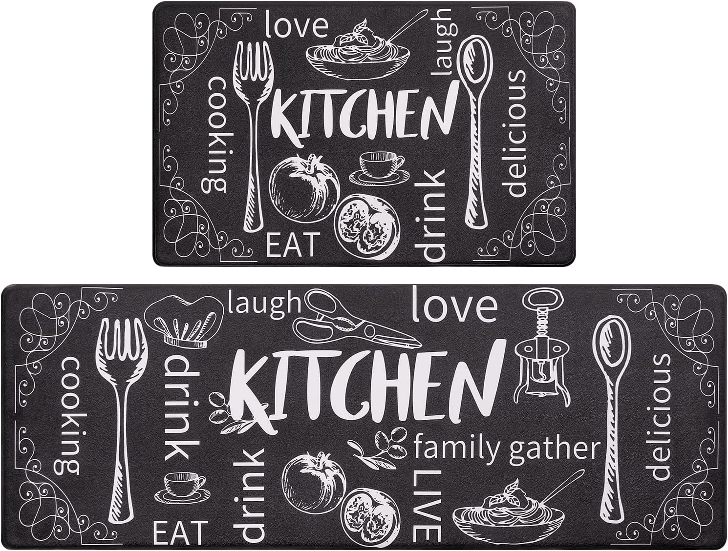 CLINES MUMTAZ Kitchen Rugs 2 Pcs Set,Kitchen Floor Mat Set,Non-Slip Kitchen Mat and Rugs for Kitchen/Floor Home/Office/Sink/Laundry(40 * 60+40 * 120cm)(Black)