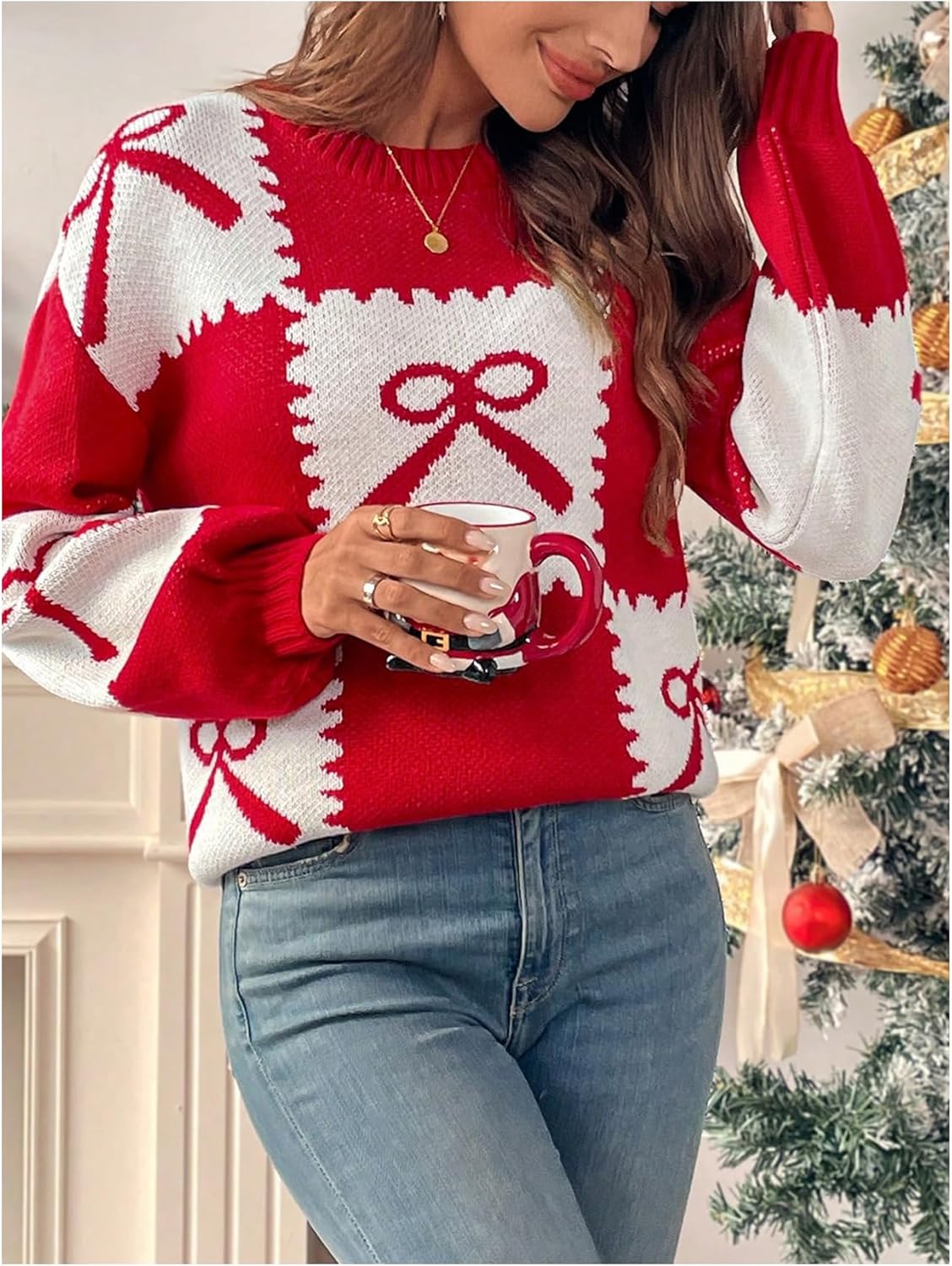 Milumia Women's Cute Bow Sweater Color Block Crewneck Long Sleeve Fall Winter Knitted Pullover Tops - Image 4