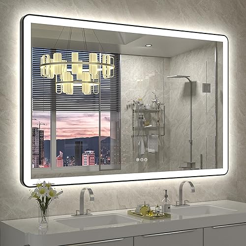 Espejo LED de 55 x 36 pulgadas para baño, espejo de tocador enmarcado con luces, retroiluminación independiente y luz frontal, espejo de baño