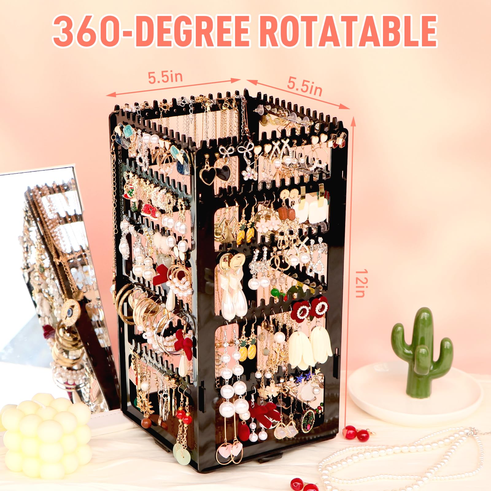 360 Rotating Earring Holder Organizer Stand,5 Tiers Acrylic Jewelry Organizers and Storage,Stud Earring Organizers and Storage,228 Holes and 232 Grooves for Earrings Necklaces chain bracelet