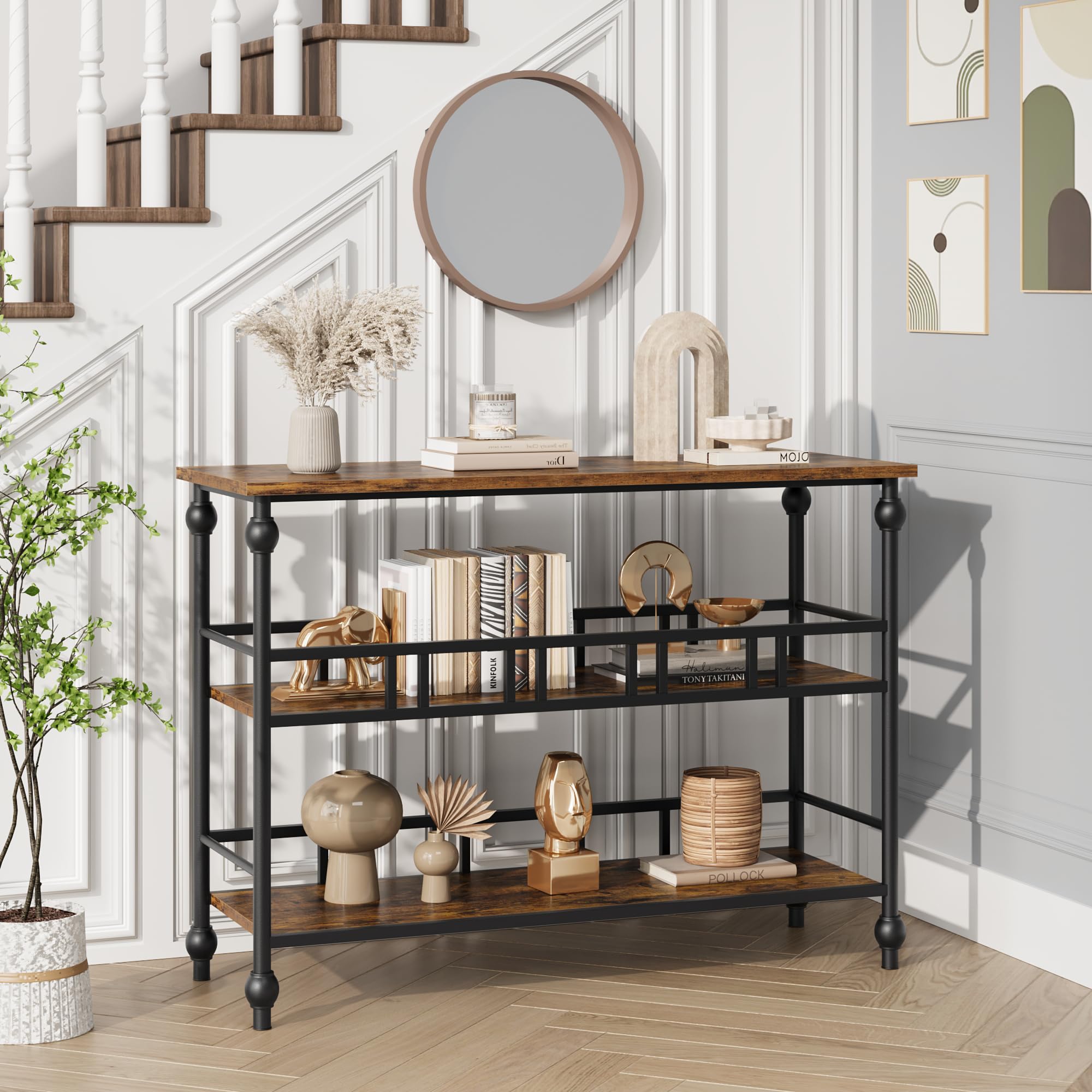 Mesa consola estrecha 43" - 3 niveles con estantes - Mesa auxiliar para entrada, detrás del sofá o pasillo - Estilo rústico con almacenamiento - Ideal para salón, dormitorio y recibidor - clásico