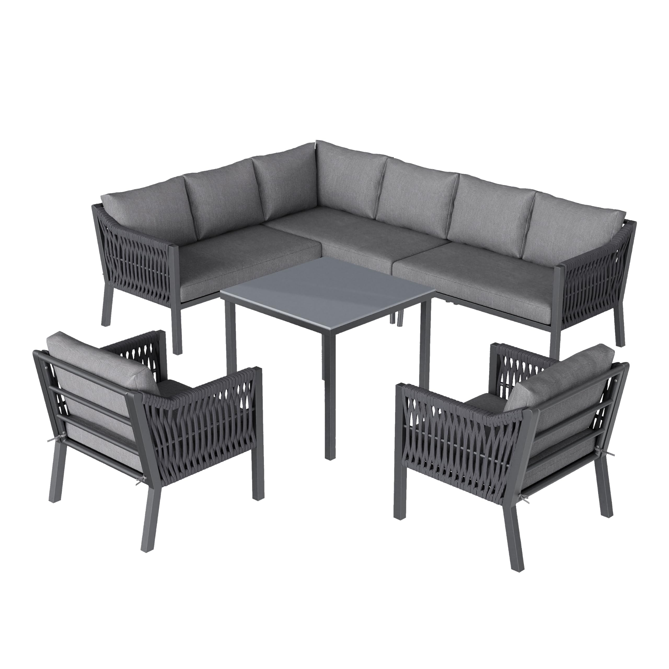 Muebles Jardin Exterior de 7-8 Plazas con 2 Sillones y Mesa, Sofa Terraza Exterior con Cojín Suave, Muebles Terraza Exterior con Reposabrazos Trenzado y Estructura Metálica, Gris
